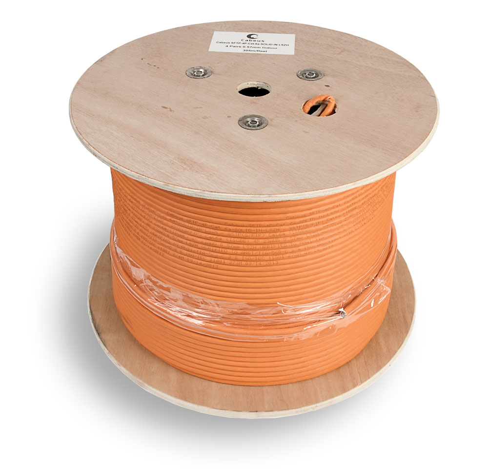 Cabeus SFTP-4P-Cat.6a-SOLID-IN-LSZH Кабель витая пара, категория 6a (10GBE) S/FTP, 4 пары (23 AWG), одножильный (solid), каждая пара в экране, общий экран - сетка, LSZH, нг(А)-HF, (305 м) 305м — фото