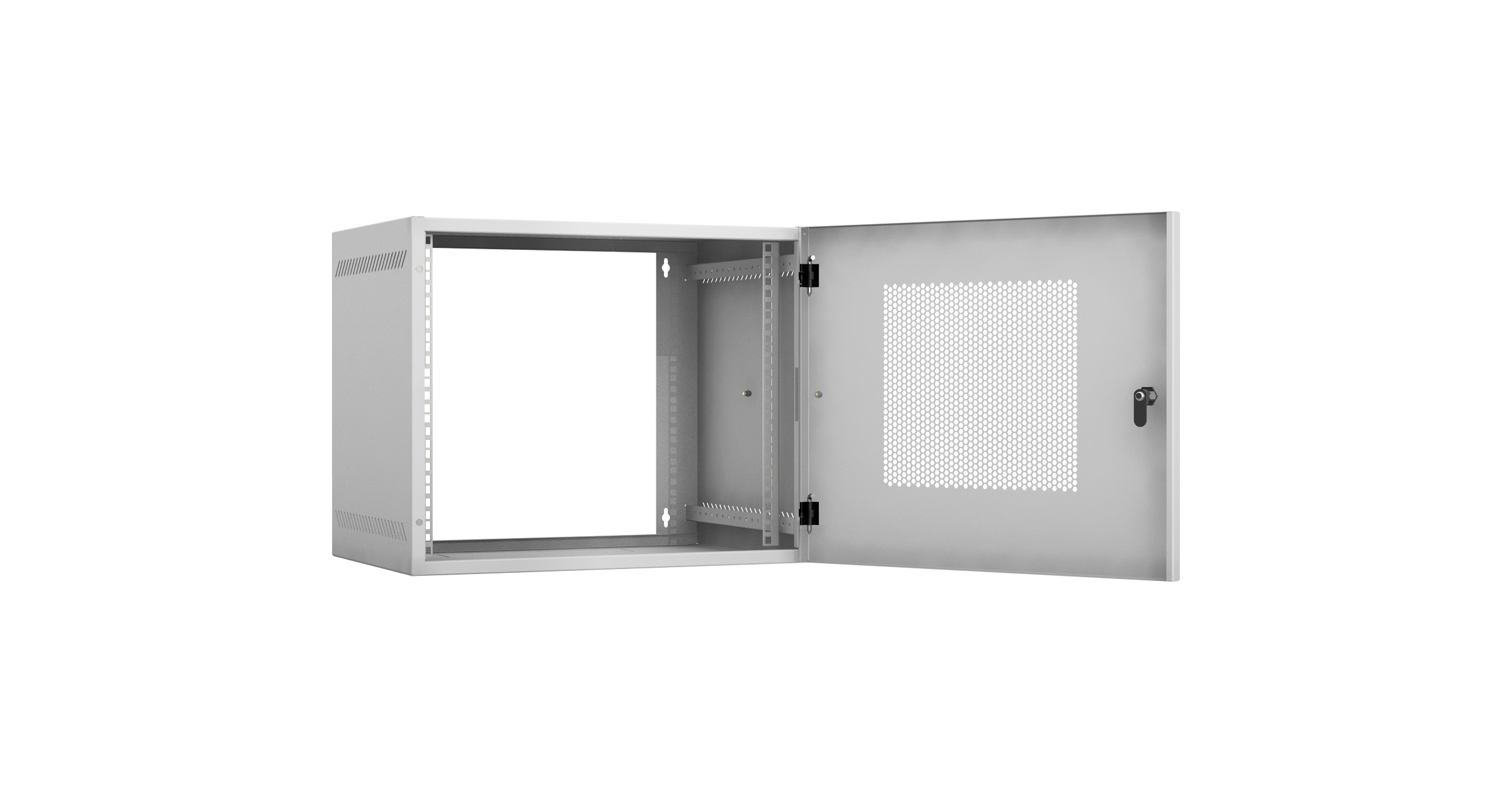 Настенный шкаф 19", 9U, перфорированная дверь, Ш540хВ440хГ400мм, 1 пара монтажных направляющих, сварной, серый