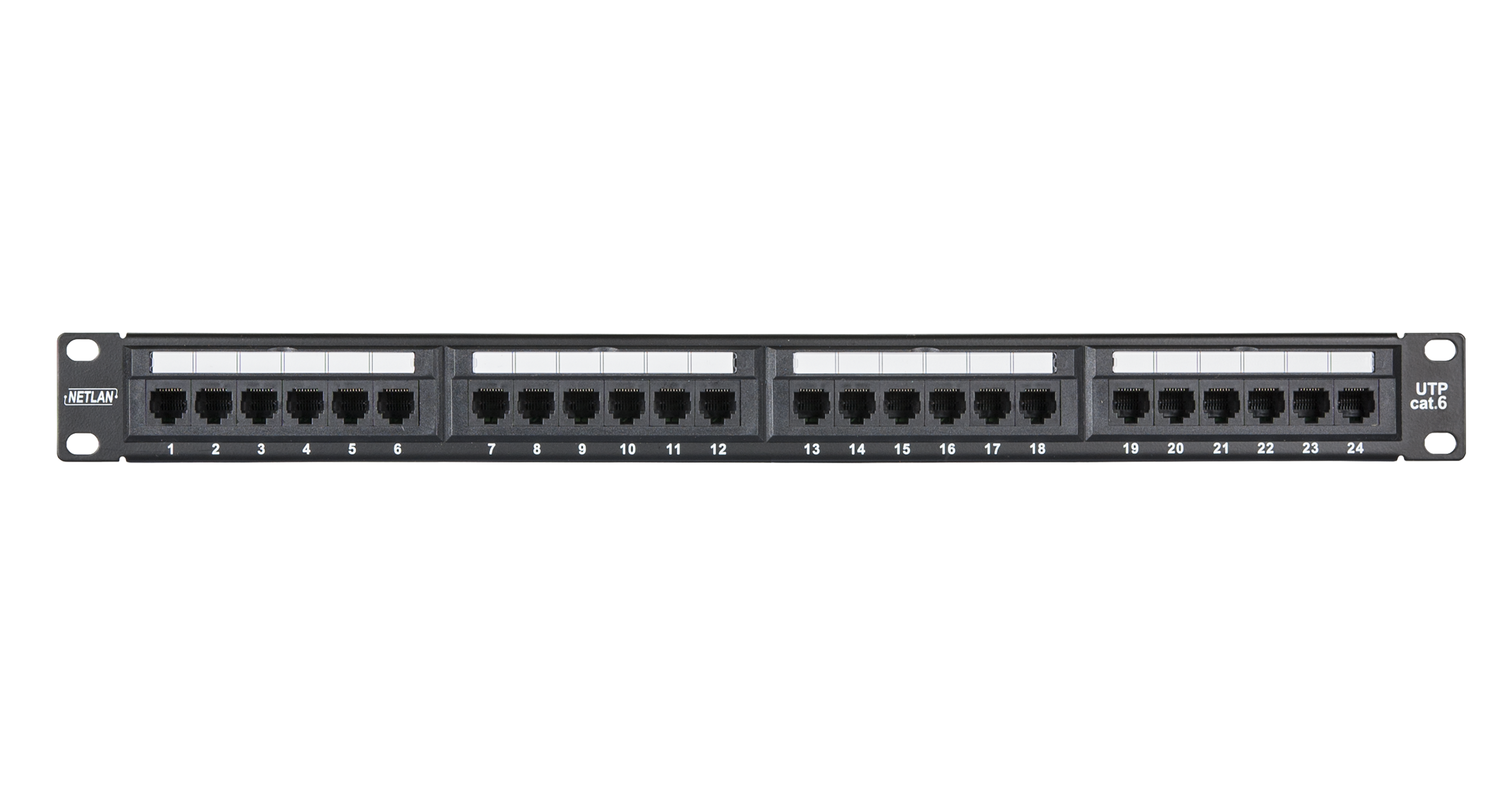 Коммутационная панель NETLAN 19", 1U, 24 порта, Кат.6 (Класс E), 250МГц, RJ45/8P8C, 110/KRONE, T568A/B, неэкранированная, черная — фото