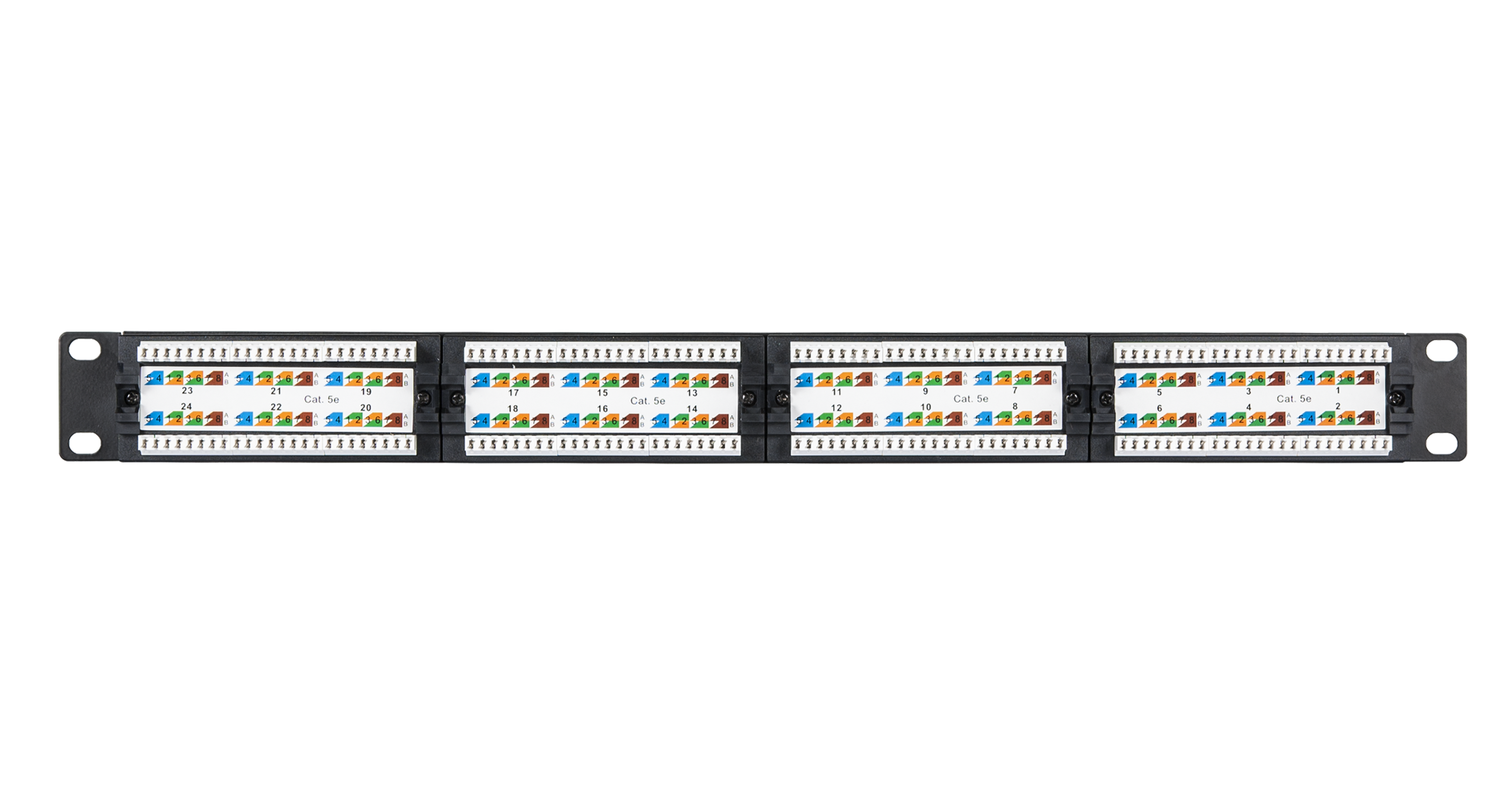 Коммутационная панель NETLAN 19", 1U, 24 порта, Кат.5e (Класс D), 100МГц, RJ45/8P8C, 110/KRONE, T568A/B, неэкранированная, черная