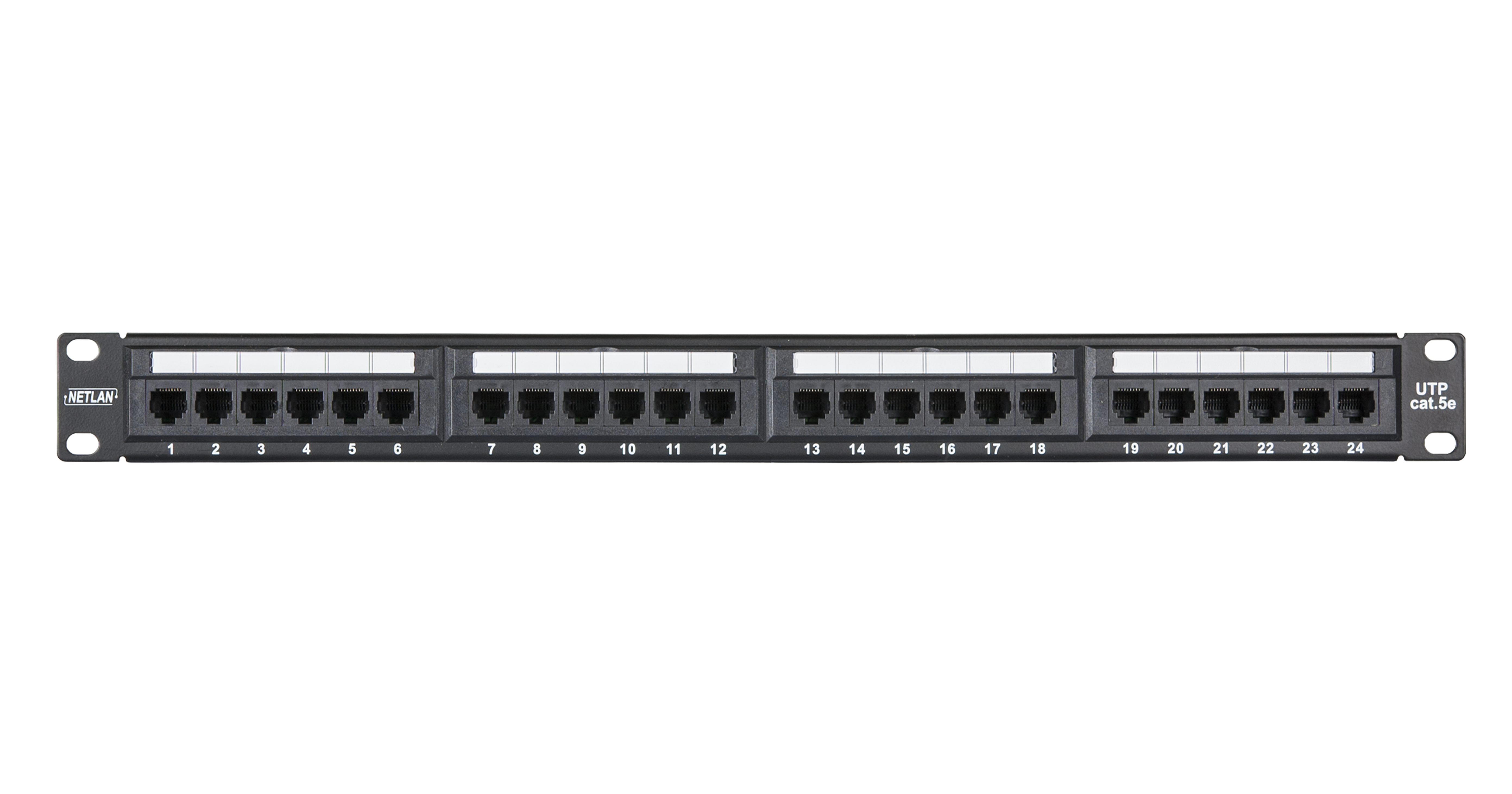 Коммутационная панель NETLAN 19", 1U, 24 порта, Кат.5e (Класс D), 100МГц, RJ45/8P8C, 110/KRONE, T568A/B, неэкранированная, черная — фото