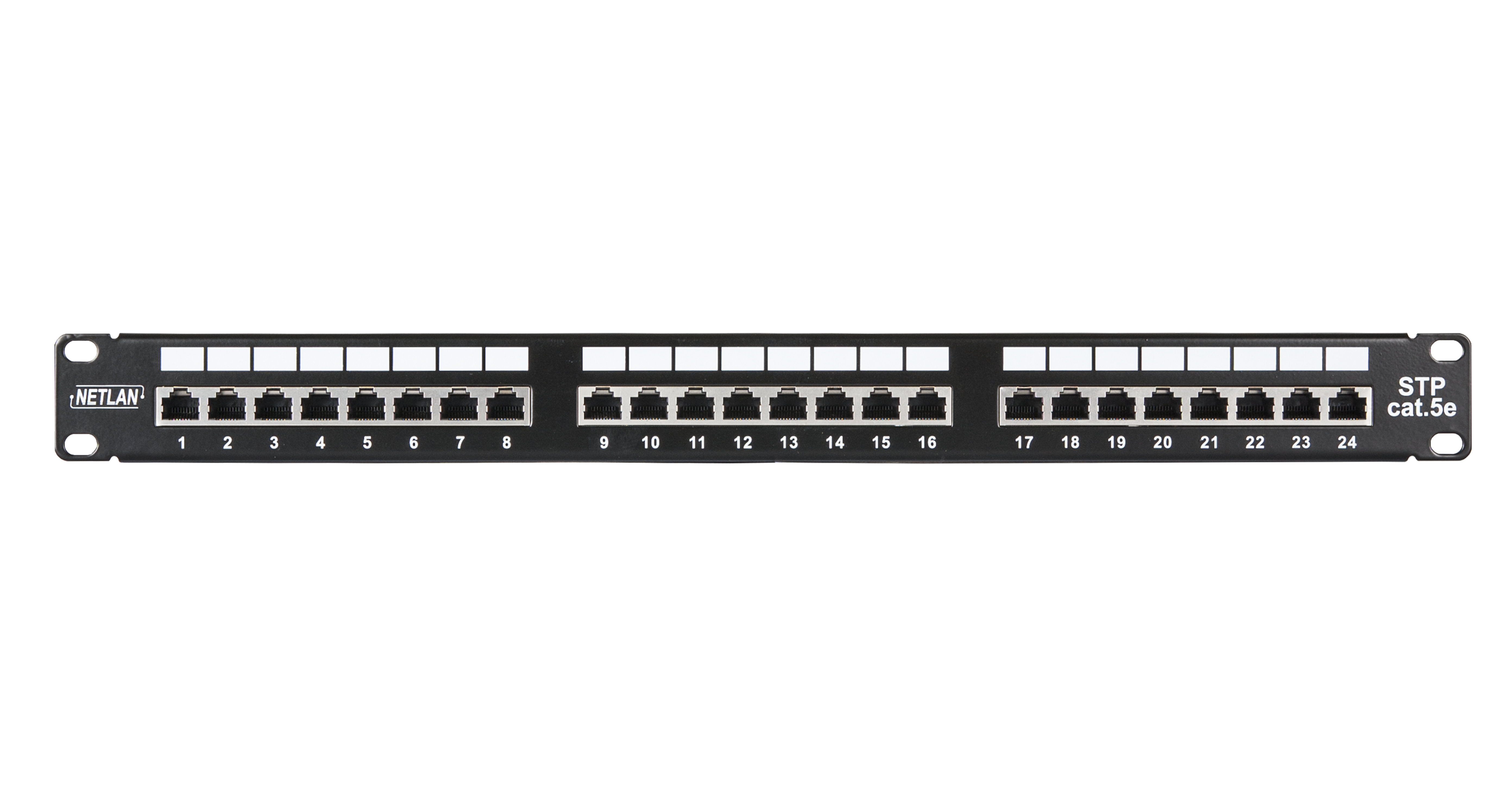 Коммутационная панель NETLAN 19", 1U, 24 порта, Кат.5e (Класс D), 100МГц, RJ45/8P8C, 110/KRONE, T568A/B, экранированная, черная — фото