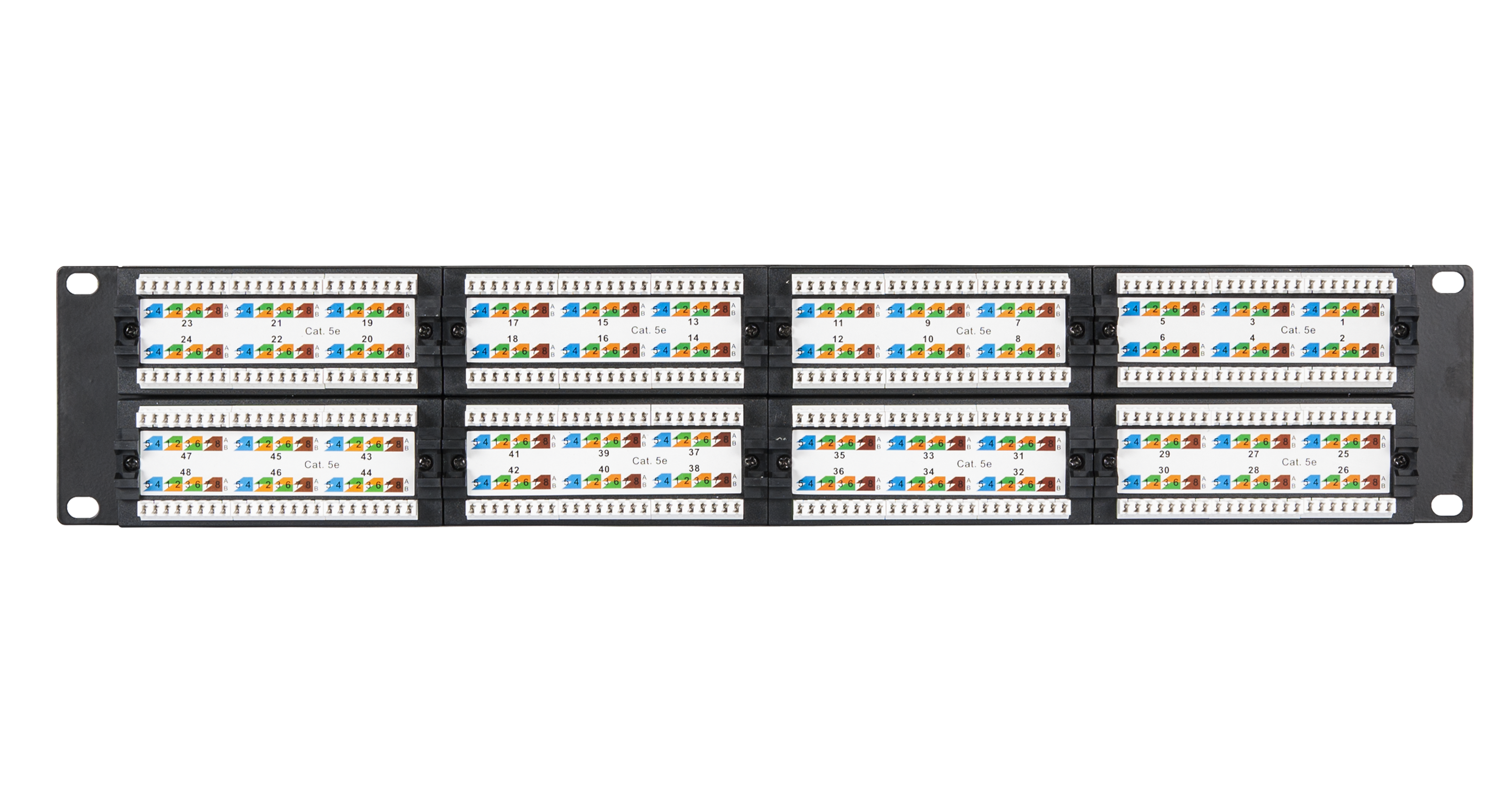 Коммутационная панель NETLAN 19", 2U, 48 портов, Кат.5e (Класс D), 100МГц, RJ45/8P8C, 110/KRONE, T568A/B, неэкранированная, черная