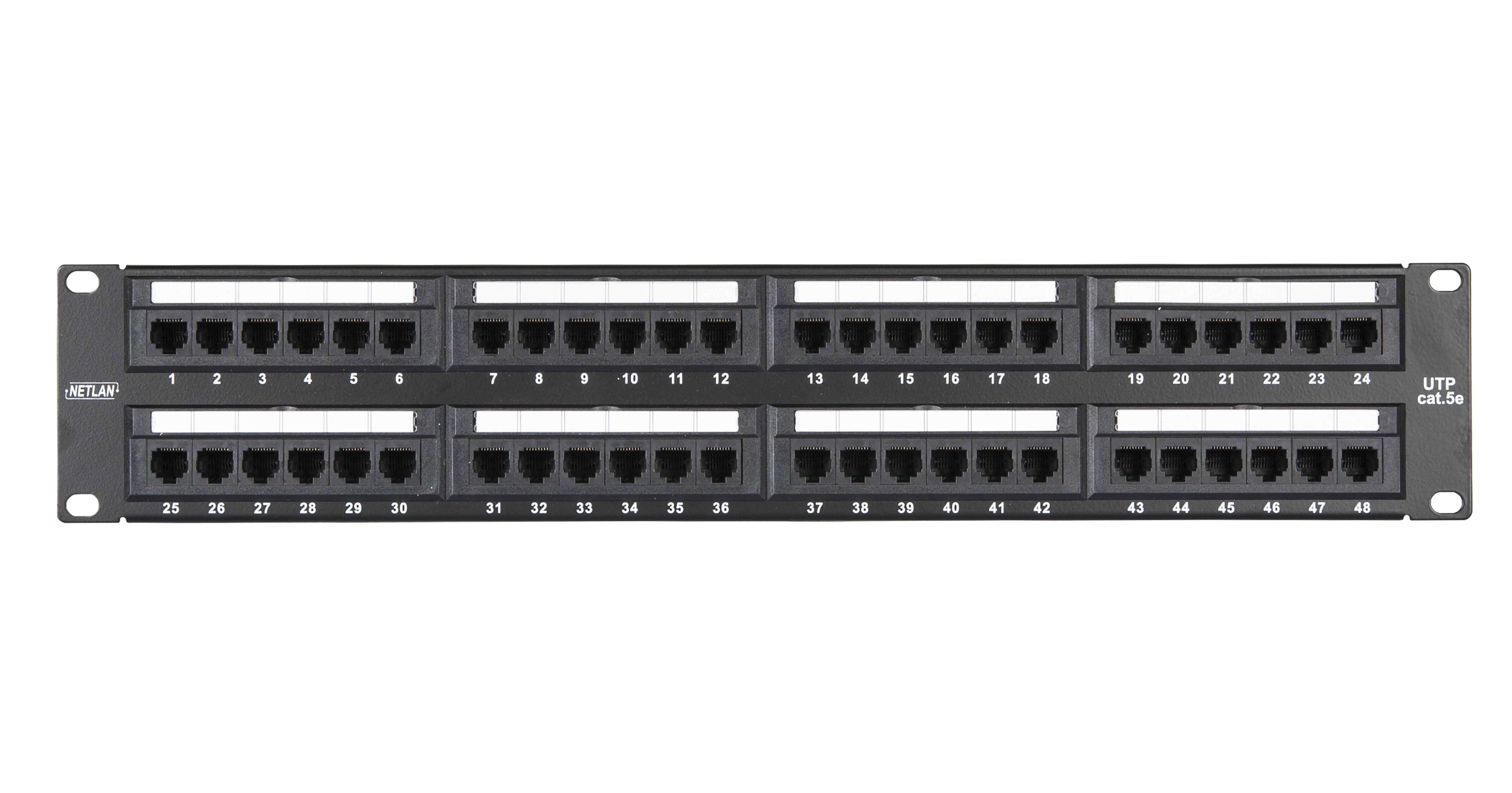 Коммутационная панель NETLAN 19", 2U, 48 портов, Кат.5e (Класс D), 100МГц, RJ45/8P8C, 110/KRONE, T568A/B, неэкранированная, черная — фото