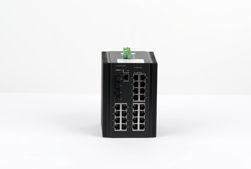 Управляемый промышленный L2+ коммутатор NIKOMAX, 24*10/100/1000Мбит/с PoE (af/at/BT) из которых 4 порта PoE BT, 4*1/2.5/10Гбит/с SFP+, Крепление на DIN-рейку, 2*ввода питания, питание 44-57В (блок питания 370Вт поставляется отдельно), -40С +80С. — фото