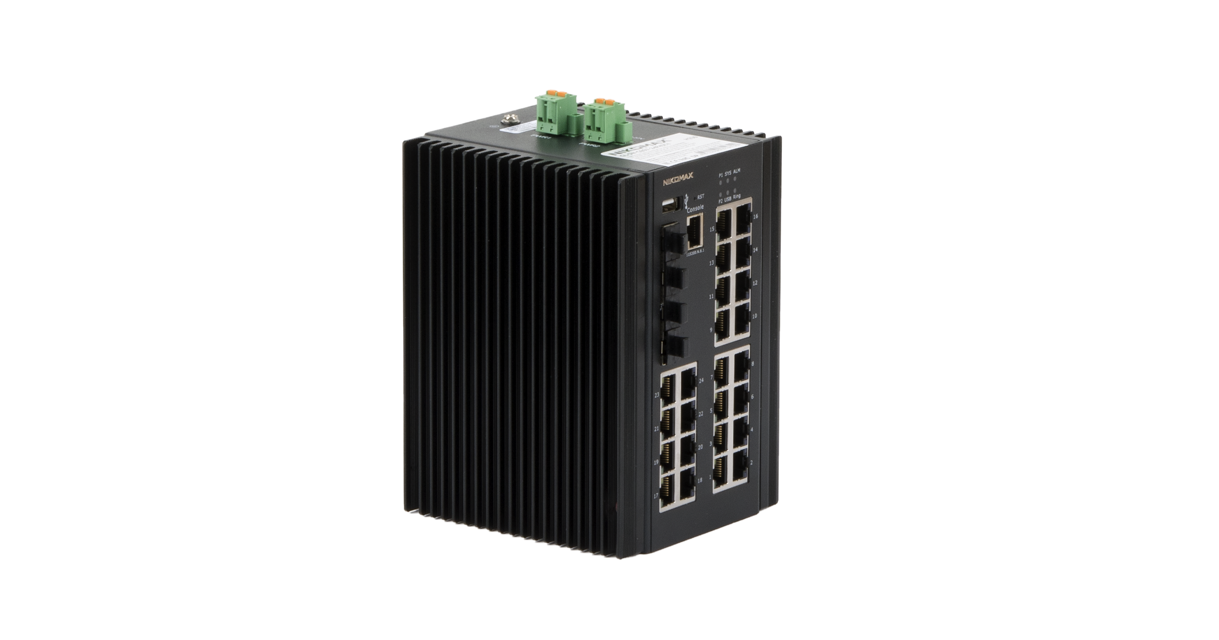 Управляемый промышленный L2+ коммутатор NIKOMAX, 24*10/100/1000Мбит/с PoE (af/at/BT) из которых 4 порта PoE BT, 4*1/2.5/10Гбит/с SFP+, Крепление на DIN-рейку, 2*ввода питания, питание 44-57В (блок питания 370Вт поставляется отдельно), -40С +80С. — фото