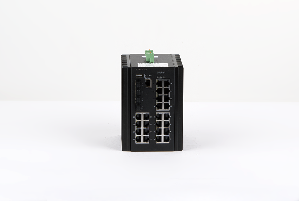 Управляемый промышленный L3 коммутатор NIKOMAX, 24*10/100/1000Мбит/с PoE (af/at), 4*1/2.5/10Гбит/с SFP+, Крепление на DIN-рейку, 2*ввода питания, питание 44-57В (блок питания 370Вт поставляется отдельно), -40С +70С. — фото