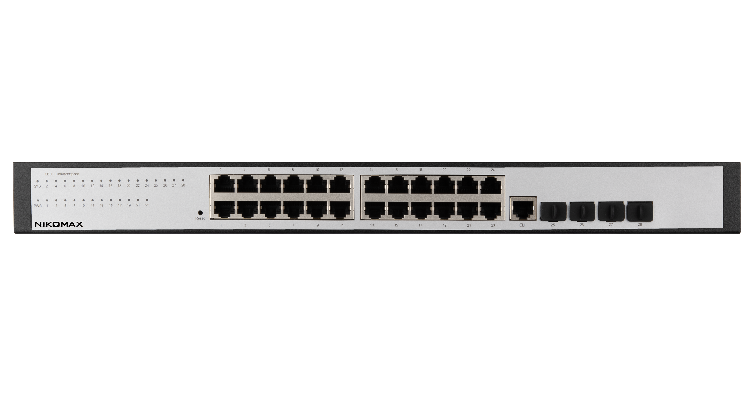 Управляемый коммутатор L2 NIKOMAX 24 Base-T 10/100/1000Mb/s портов, 4 SFP 1000Mb/s, 1 Console. 1U 19'', 220V — фото
