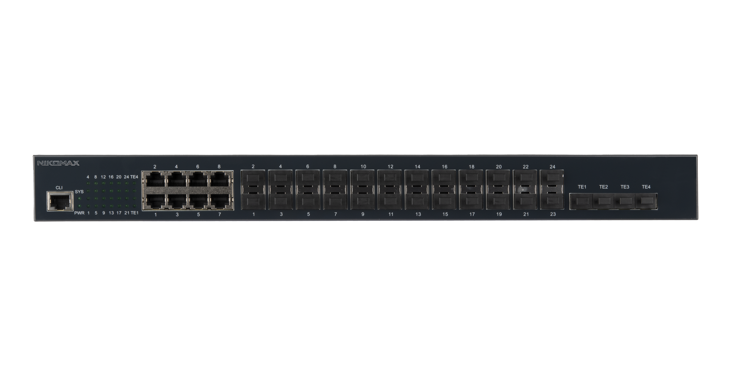 Управляемый коммутатор L3 NIKOMAX, 16 портов 1000Base-X SFP, 8 комбо-портов 100/1000Base-T/SFP, 4 порта 1/10GE SFP+ — фото