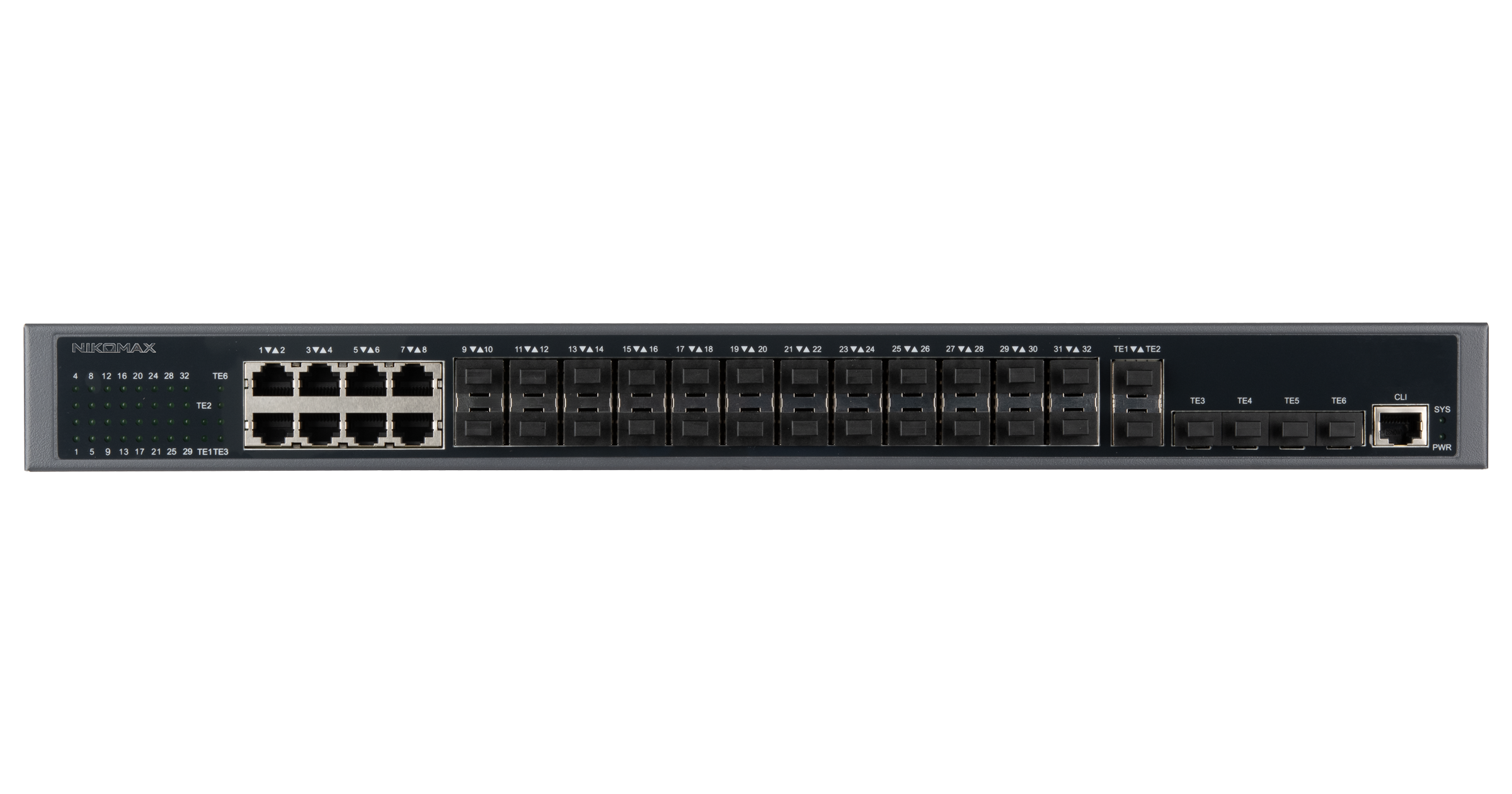Управляемый коммутатор L3 NIKOMAX, Stack, 24 порта 100/1000BaseX SFP, 8 портов 10/100/1000BaseT, 6 портов 1/10GE SFP+, Резервный БП (опция) — фото