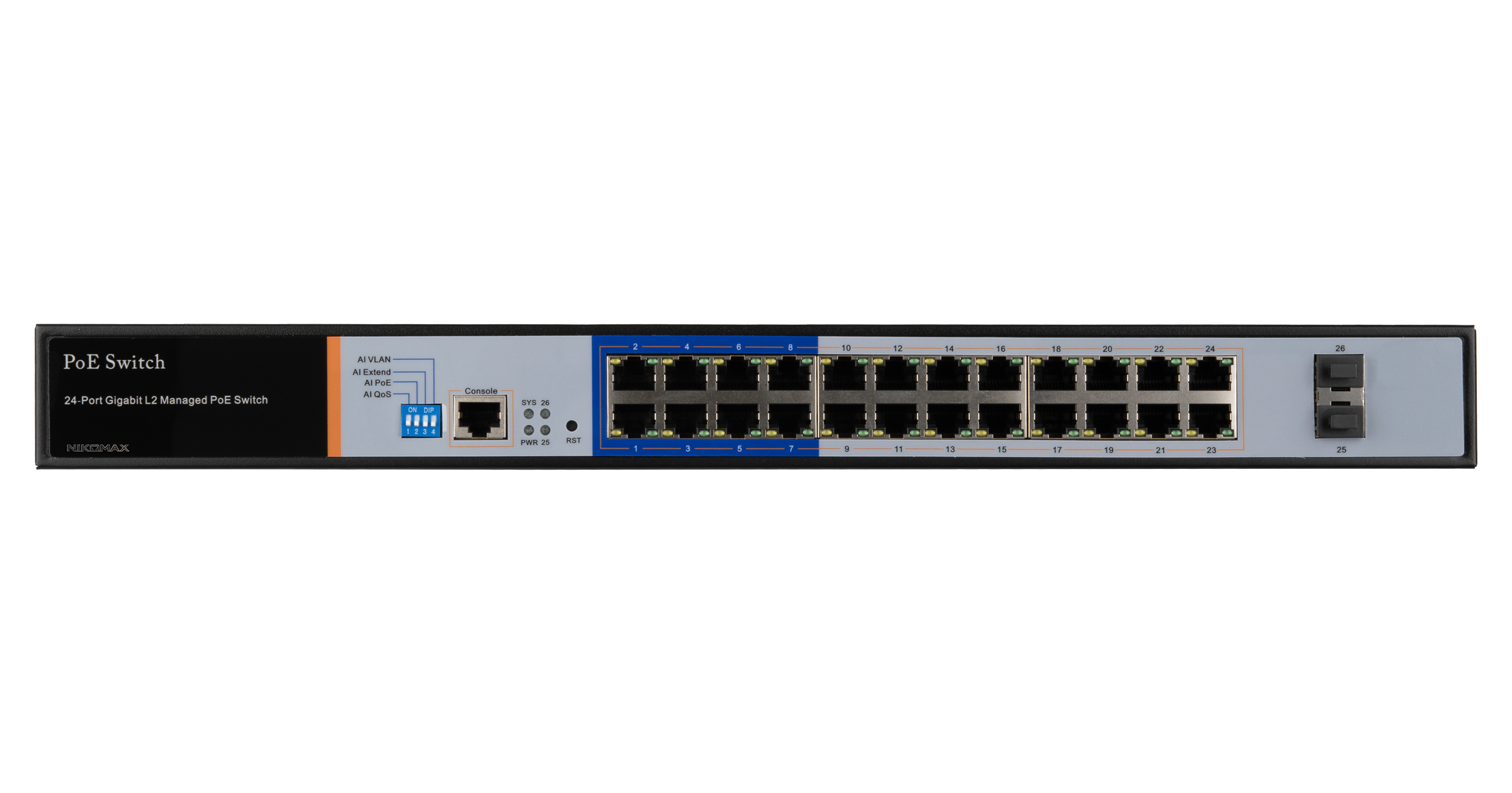 Управляемый L2 PoE коммутатор NIKOMAX, 24 PoE (802.3af/at) портов 10/100/1000Мбит/с 8 до 250 метров cat.6, 2*SFP 1000Мбит/с, 400Вт APO&R — фото