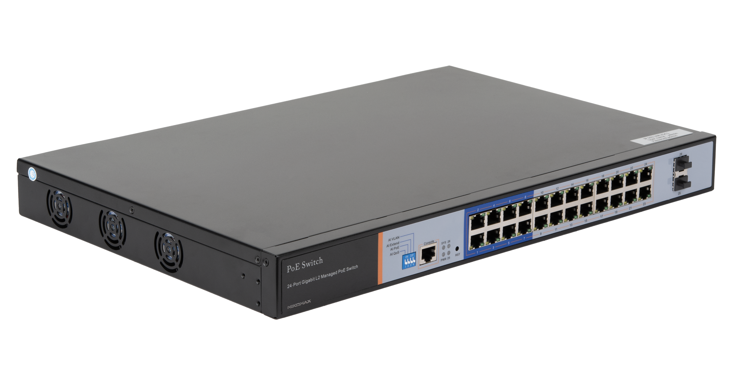 Управляемый L2 PoE коммутатор NIKOMAX, 24 PoE (802.3af/at) портов 10/100/1000Мбит/с 8 до 250 метров cat.6, 2*SFP 1000Мбит/с, 400Вт APO&R — фото