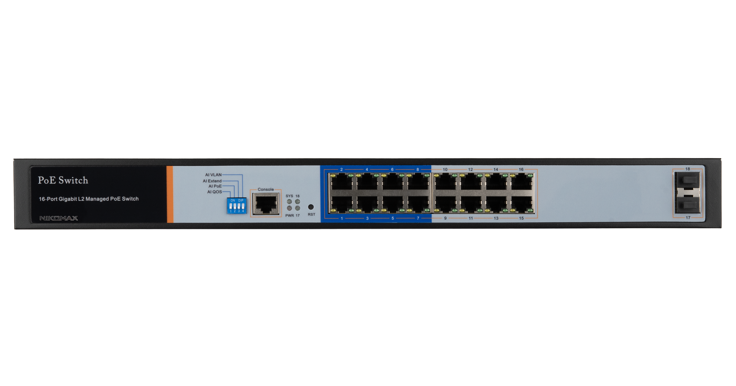 Управляемый L2 PoE коммутатор NIKOMAX, 16 PoE (802.3af/at) портов 10/100/1000Мбит/с 8 до 250 метров cat.6, 2*SFP 1000Мбит/с, 250Вт APO&R — фото
