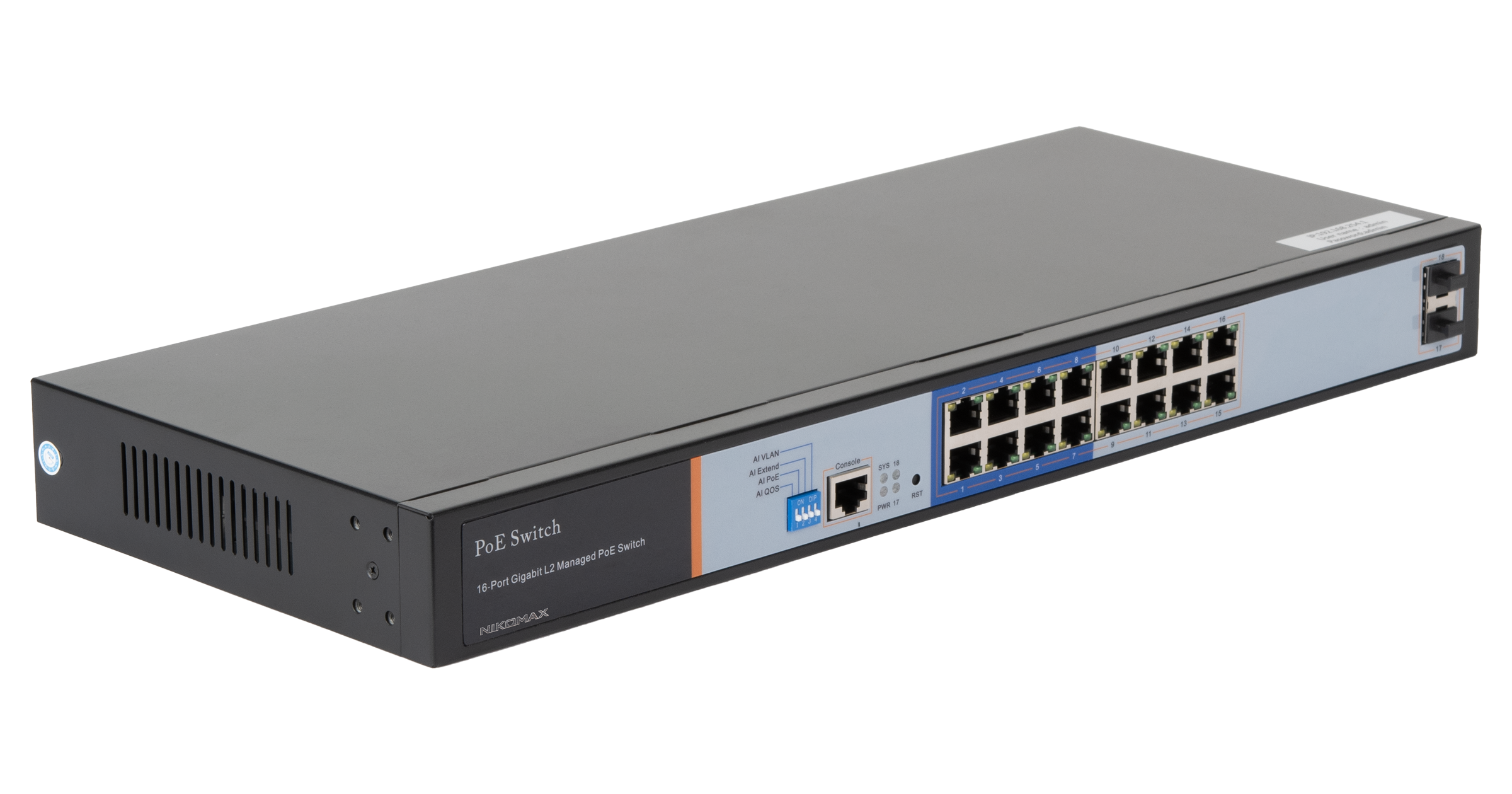 Управляемый L2 PoE коммутатор NIKOMAX, 16 PoE (802.3af/at) портов 10/100/1000Мбит/с 8 до 250 метров cat.6, 2*SFP 1000Мбит/с, 250Вт APO&R — фото