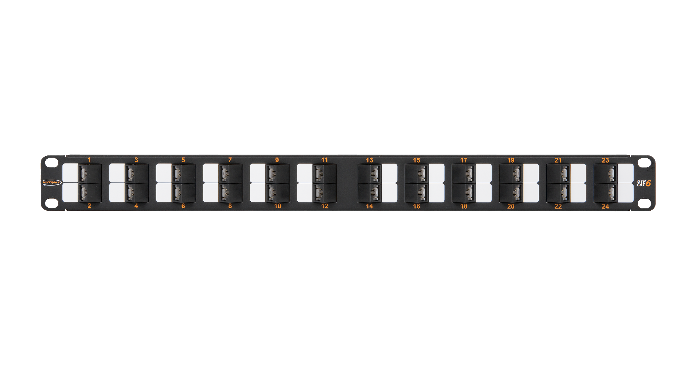 Коммутационная панель NIKOMAX 19", 1U, 24 угловых порта, Кат.6 (Класс E), 250МГц, RJ45/8P8C, 110/KRONE, T568A/B, неэкранированная, с органайзером, черная - гарантия: 5 лет расширенная / 25 лет системная — фото