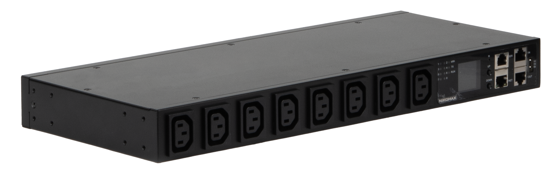 Блок  контролируемых электрических розеток NIKOMAX, SW - Switched, (включение и отключение каждой розетки, измерение общего потребления и отправка показаний через LAN), 19", 8 розеток C13, макс. нагрузка 16 А, шнур питания 2 м., вилка С20, цифровое измерение силы тока на входе, защита 16А, металлический корпус, Счетчик кВт*ч, макс. мощность 4000 Вт, 436x180x44.5 мм, цвет черный. — фото