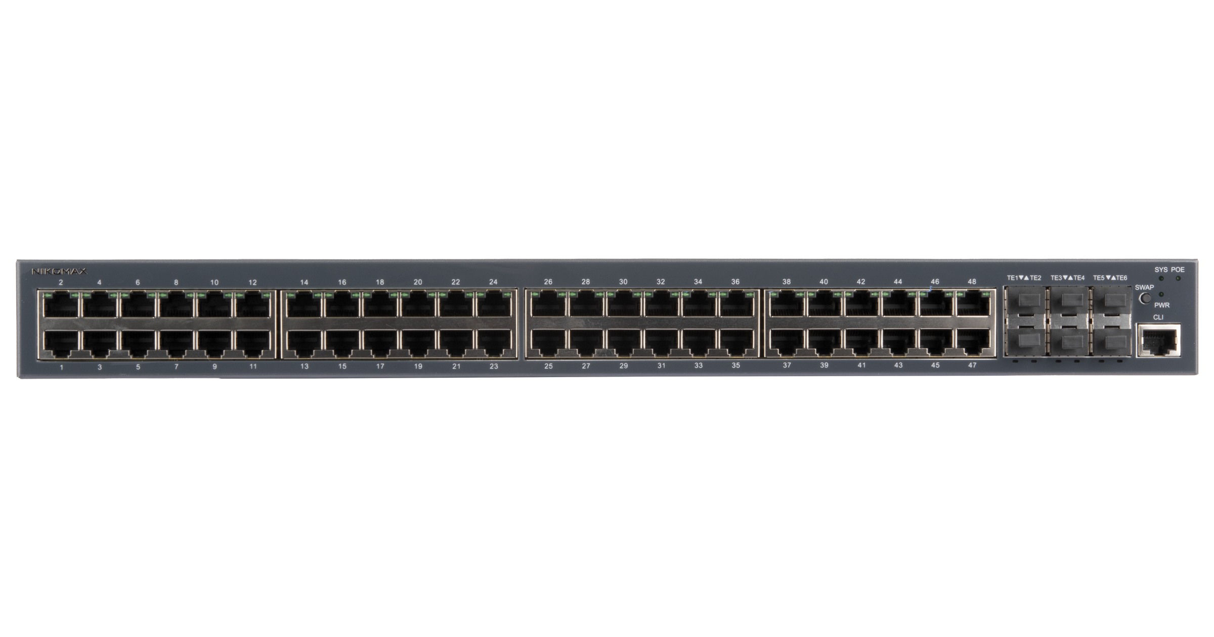Управляемый коммутаторL3 Stack POE NIKOMAX 48 BASE-TX 10/100/1000Mb/s POE, 6 1/10G SFP+, 1 Console RJ45, 1U 19" бюджет PoE 370W, 220VAC 450W — фото