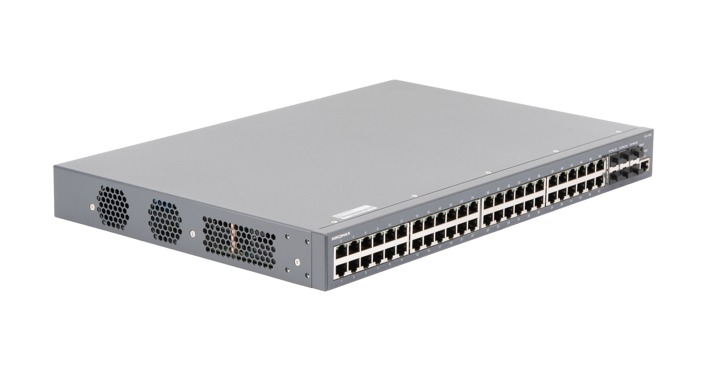 Управляемый коммутаторL3 Stack POE NIKOMAX 48 BASE-TX 10/100/1000Mb/s POE, 6 1/10G SFP+, 1 Console RJ45, 1U 19" бюджет PoE 370W, 220VAC 450W — фото