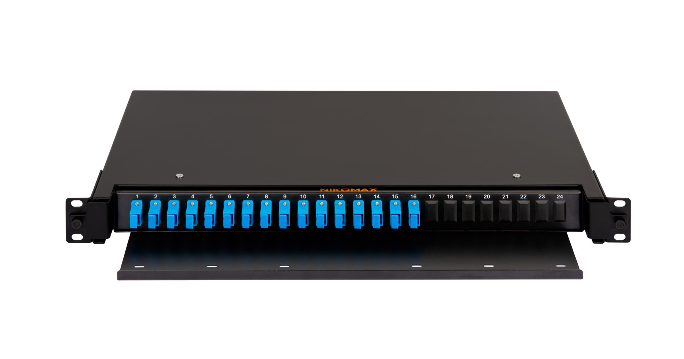 Оптический кросс NIKOMAX 19" Premium Line, 1U, укомплектованный на 16 портов SC/UPC (16 одинарных SC/UPC адаптеров), SM 9/125 OS2, выдвижной, со съёмной полкой, черный, в комплекте: адаптеры, монтажные шнуры 1м, сплайс-кассета с крышкой, гильзы, заглушки — фото