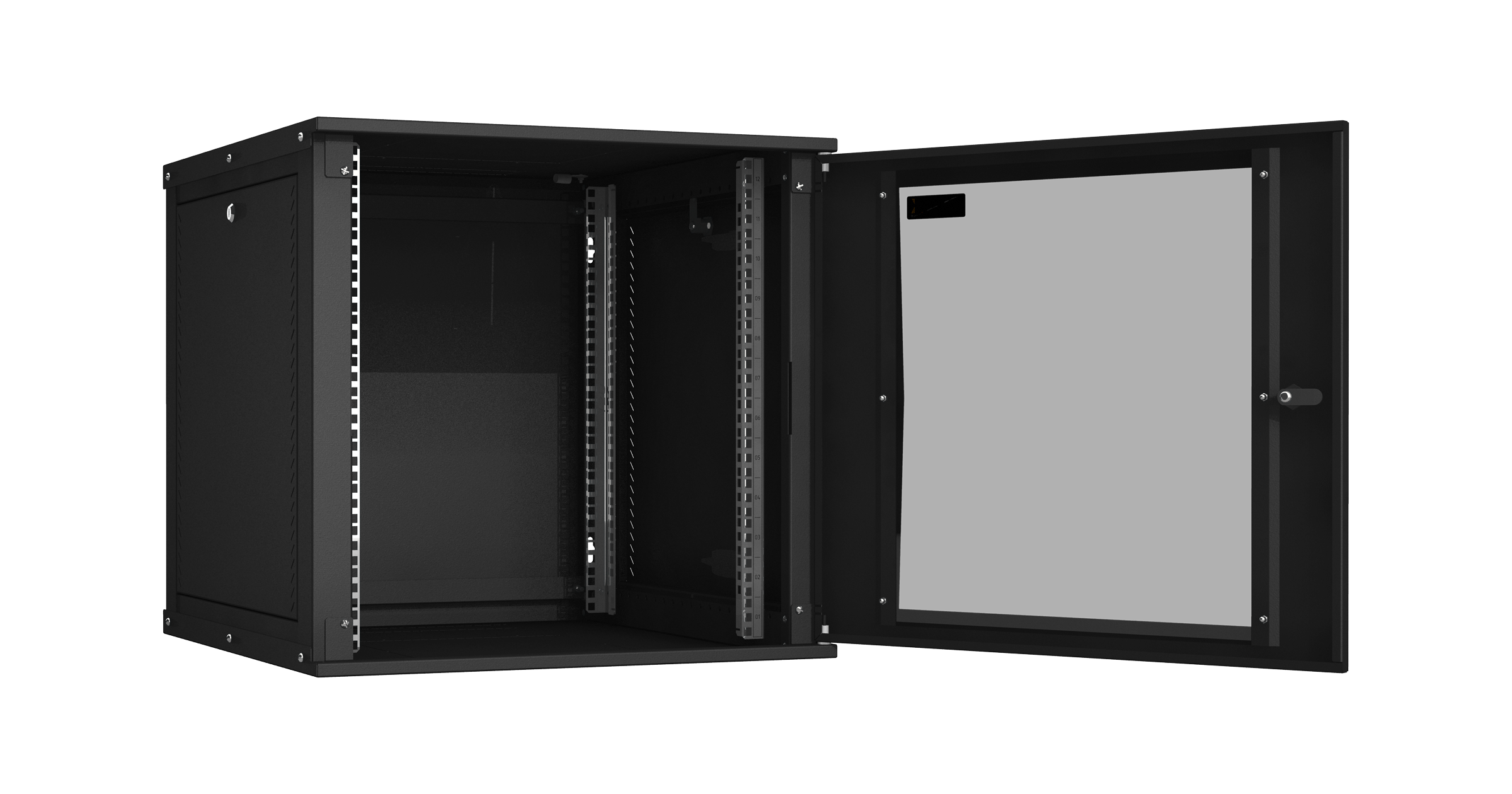Настенный разборный шкаф NIKOMAX Essential Line 19", 12U, стеклянная дверь, Ш600хВ569хГ600мм, 2 пары монтажных направляющих, черный — фото