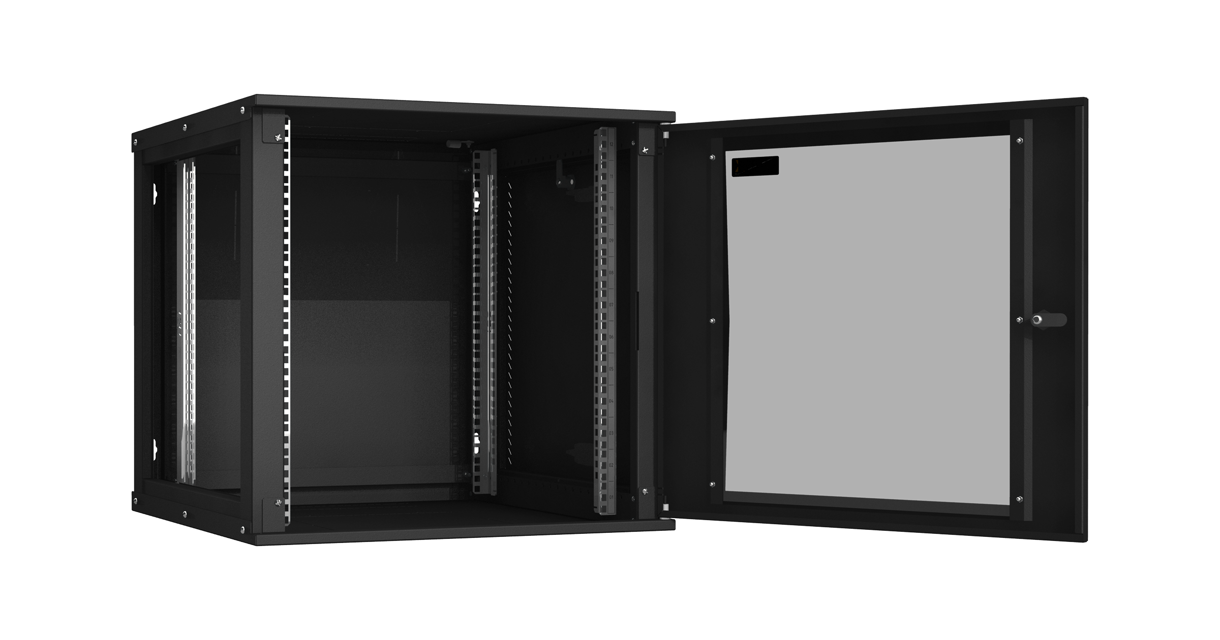 Настенный разборный шкаф NIKOMAX Essential Line 19", 12U, стеклянная дверь, Ш600хВ569хГ600мм, 2 пары монтажных направляющих, черный — фото