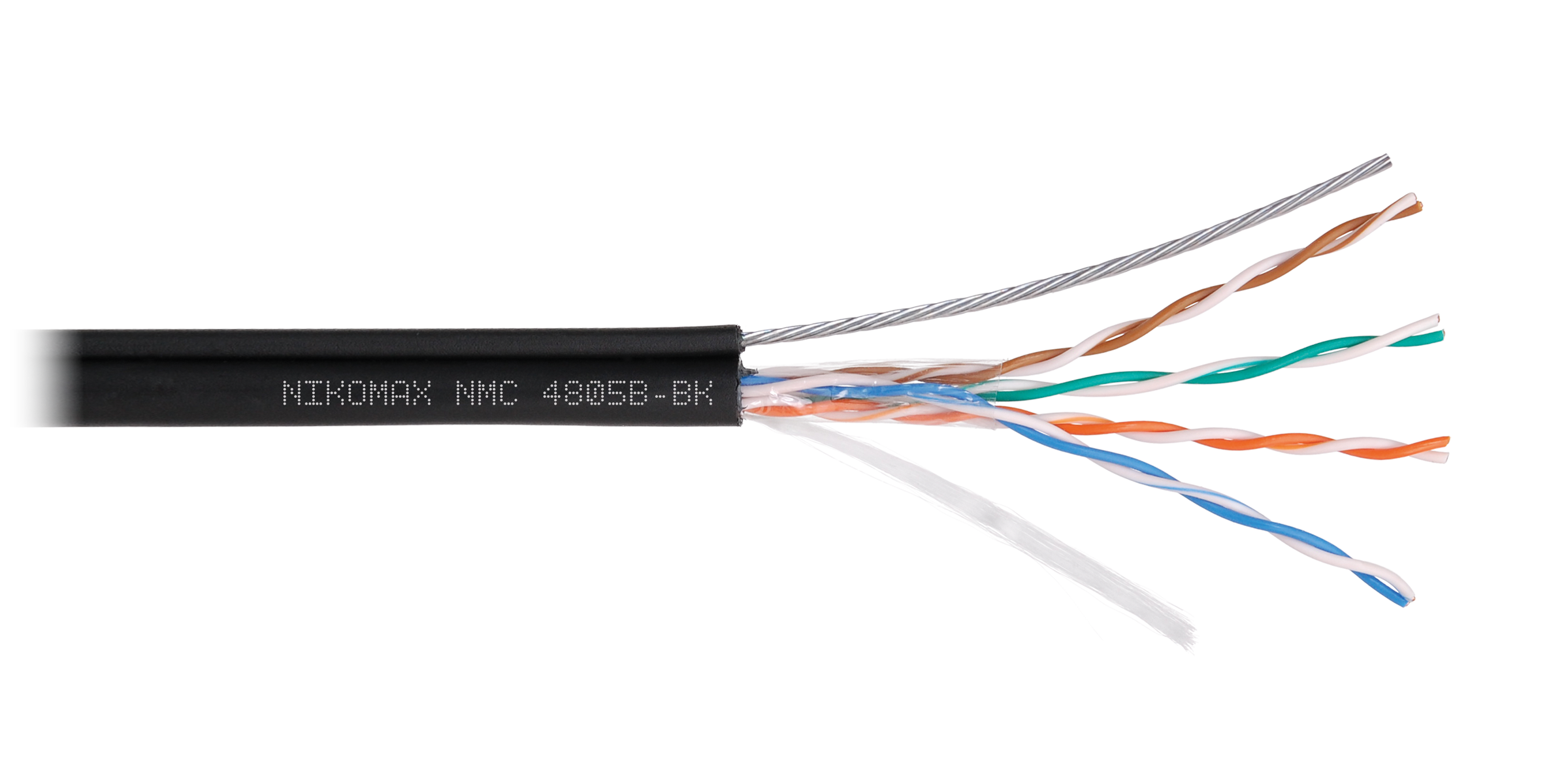 Кабель NIKOMAX U/UTP 4 пары, Кат.5e (Класс D), тест по ISO/IEC, 100МГц, одножильный, BC (чистая медь), 24AWG (0,51мм), полиэтилен, внешний, с многожильным тросом (1,25мм), черный, 500м - гарантия: 3 года