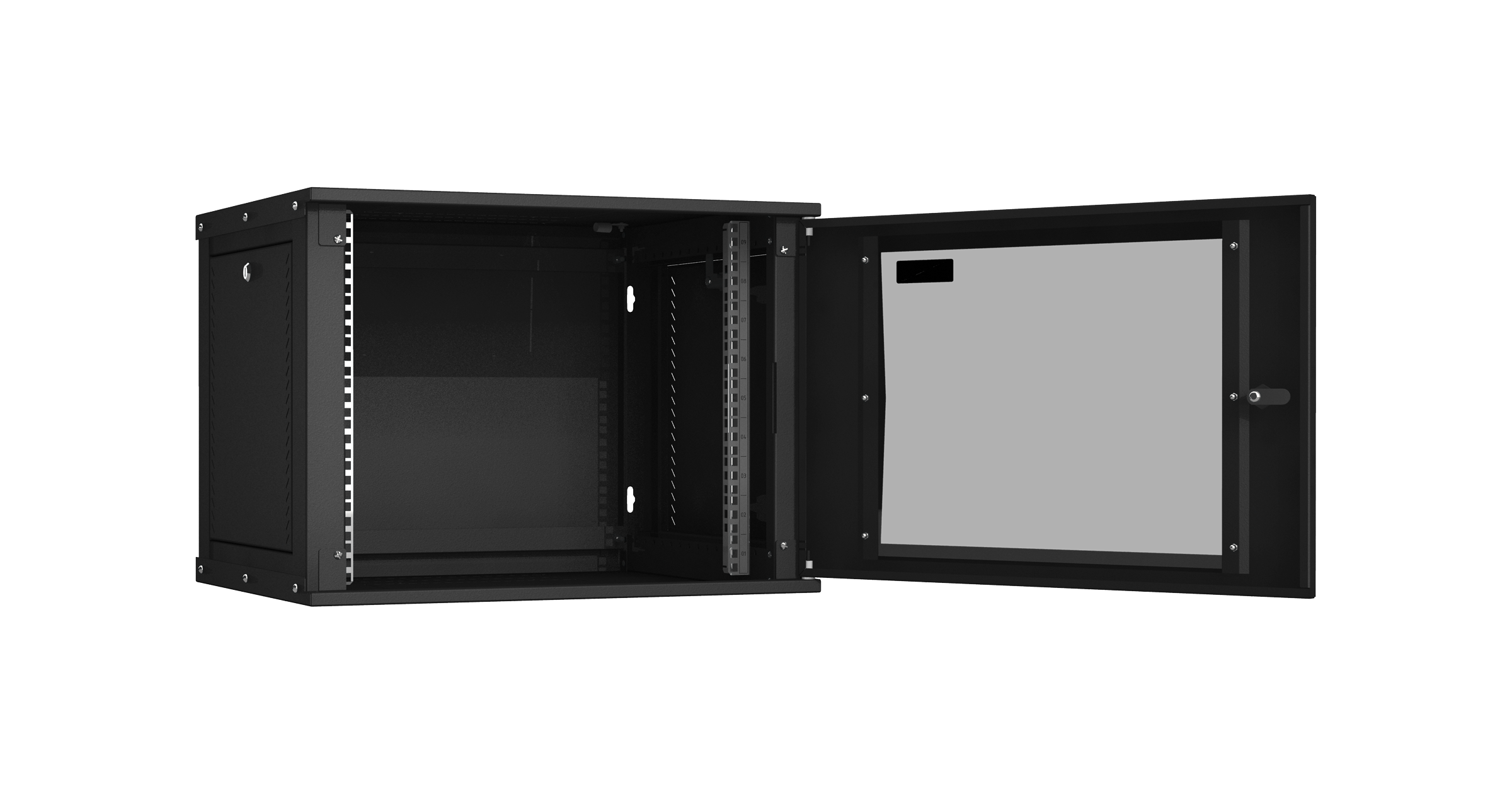 Настенный разборный шкаф NIKOMAX Essential Line 19", 9U, стеклянная дверь, Ш600хВ436хГ450мм, 1 пара монтажных направляющих, черный — фото