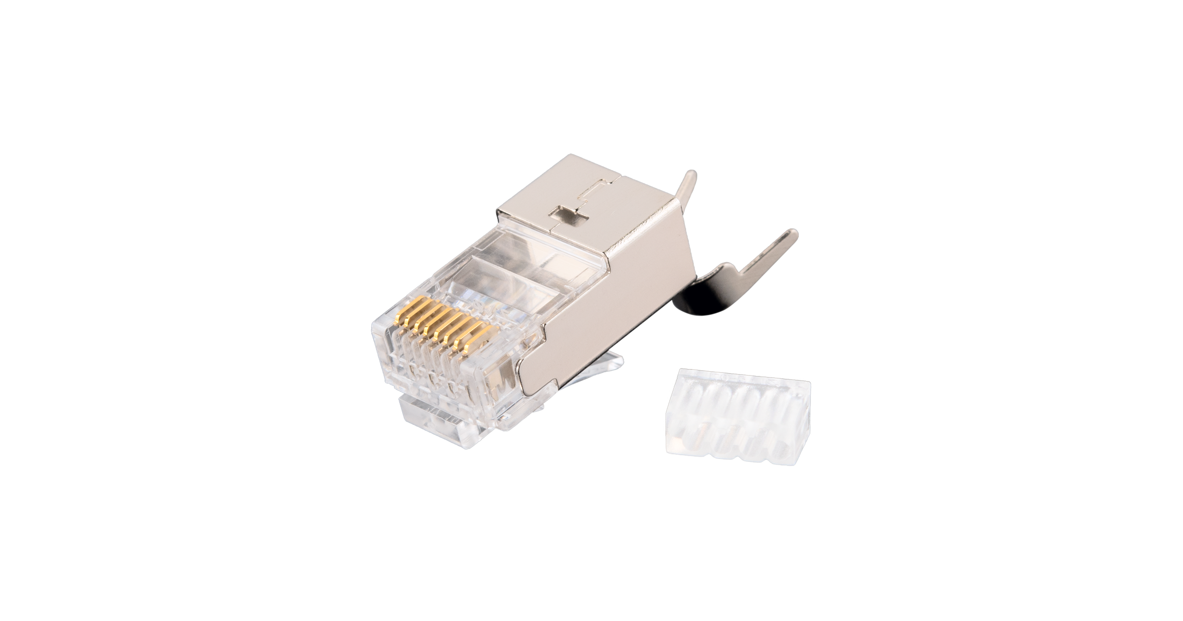 Коннектор NIKOMAX RJ45/8P8C под витую пару, Кат.6a(Класс Ea), 500МГц, покрытие 50мкд, универсальные ножи, экранированный, со вставкой, с хвостовиком, круглый ввод, уп-ка 100шт. — фото