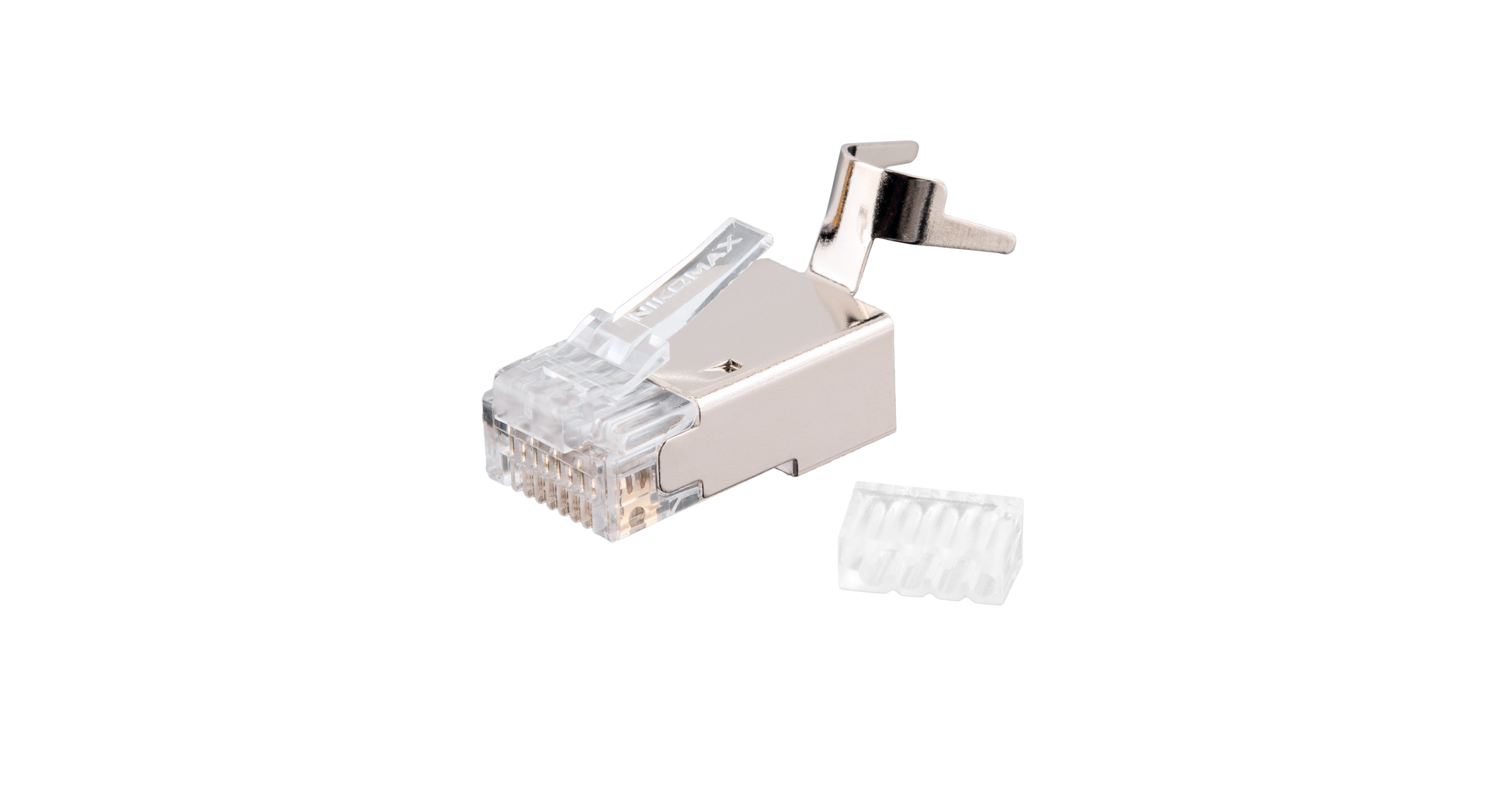 Коннектор NIKOMAX RJ45/8P8C под витую пару, Кат.6(Класс E), 250МГц, покрытие 50мкд, универсальные ножи, экранированный, со вставкой, с хвостовиком, круглый ввод, уп-ка 100шт. — фото