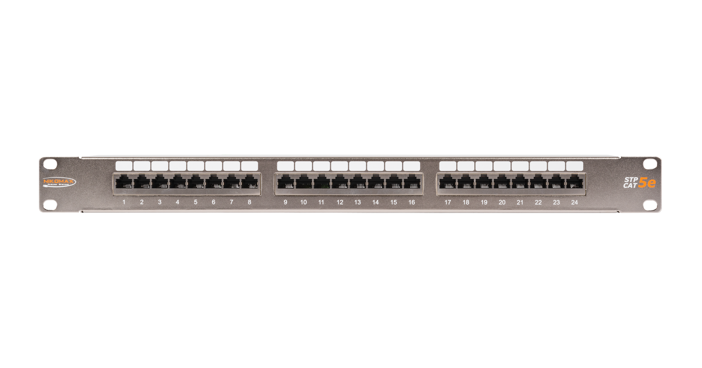Коммутационная панель NIKOMAX 19", 1U, 24 порта, Кат.5e (Класс D), 100МГц, RJ45/8P8C, 110/KRONE, T568A/B, полный экран, с органайзером, металлик - гарантия: 5 лет расширенная / 25 лет системная — фото