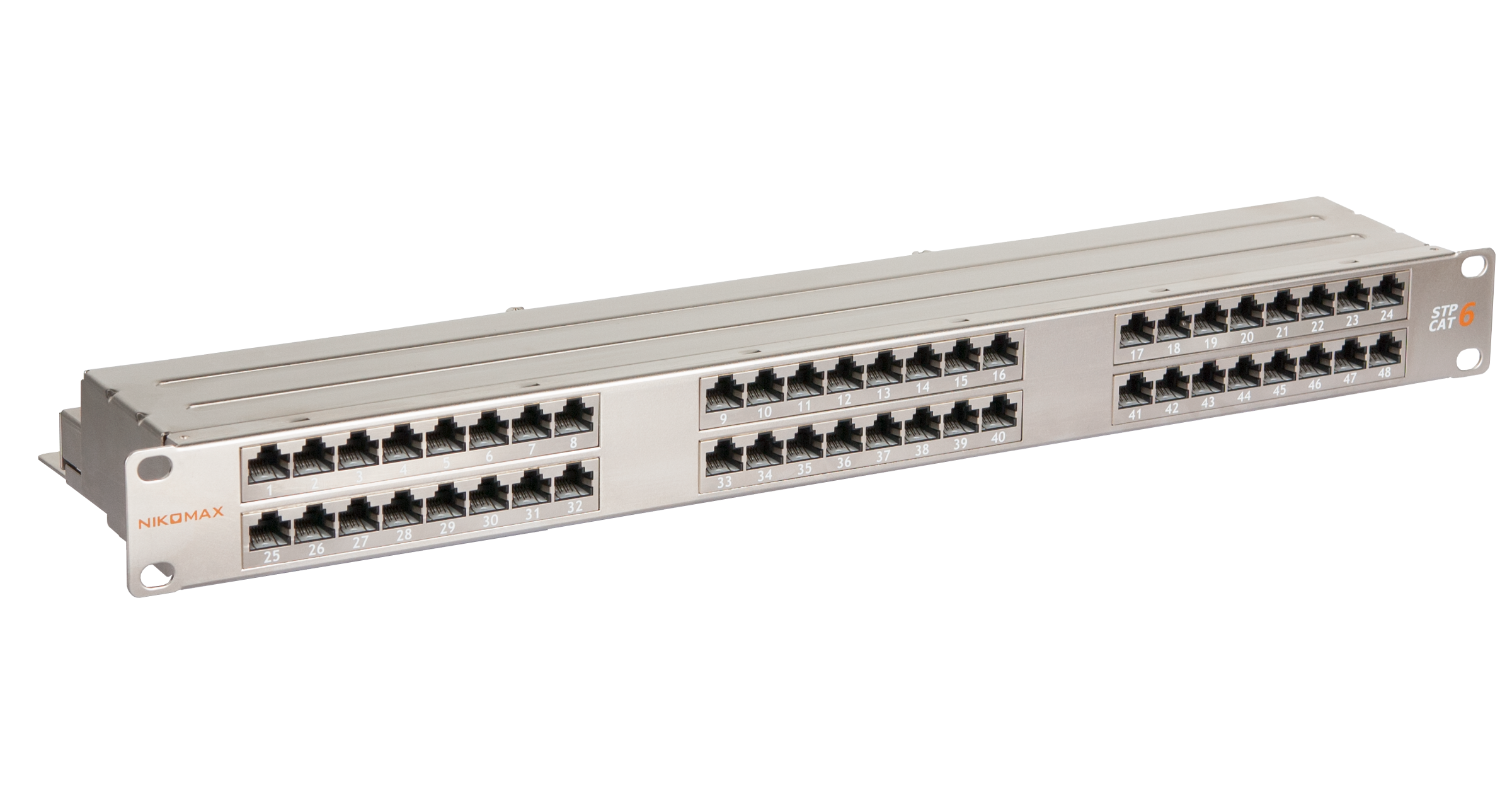 Коммутационная панель NIKOMAX 19", 1U, 48 портов, Кат.6, RJ45/8P8C, 110/KRONE, T568A/B, полный экран, с органайзером, металлик, гарантия: 5 лет расширенная / 25 лет системная — фото