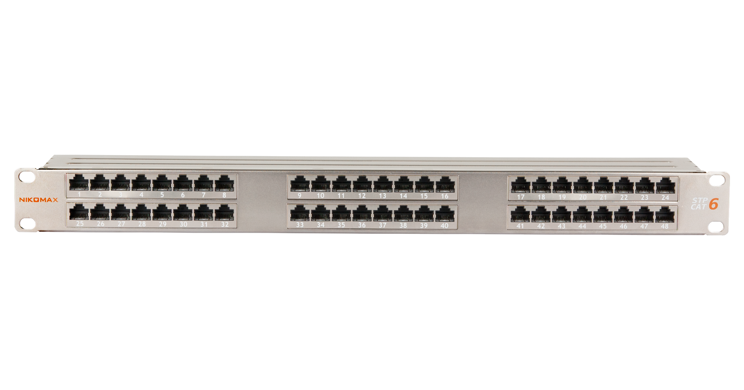 Коммутационная панель NIKOMAX 19", 1U, 48 портов, Кат.6, RJ45/8P8C, 110/KRONE, T568A/B, полный экран, с органайзером, металлик, гарантия: 5 лет расширенная / 25 лет системная — фото