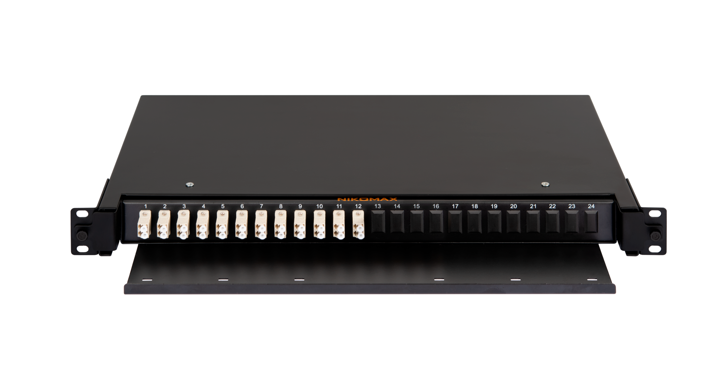 Оптический кросс NIKOMAX 19" Premium Line, 1U, укомплектованный на 24 порта LC/UPC (12 двойных LC/UPC адаптеров), MM 50/125 OM2, выдвижной, с полкой,  черный, в комплекте: адаптеры, монтажные шнуры 1м, сплайс-кассета с крышкой, гильзы, заглушки — фото