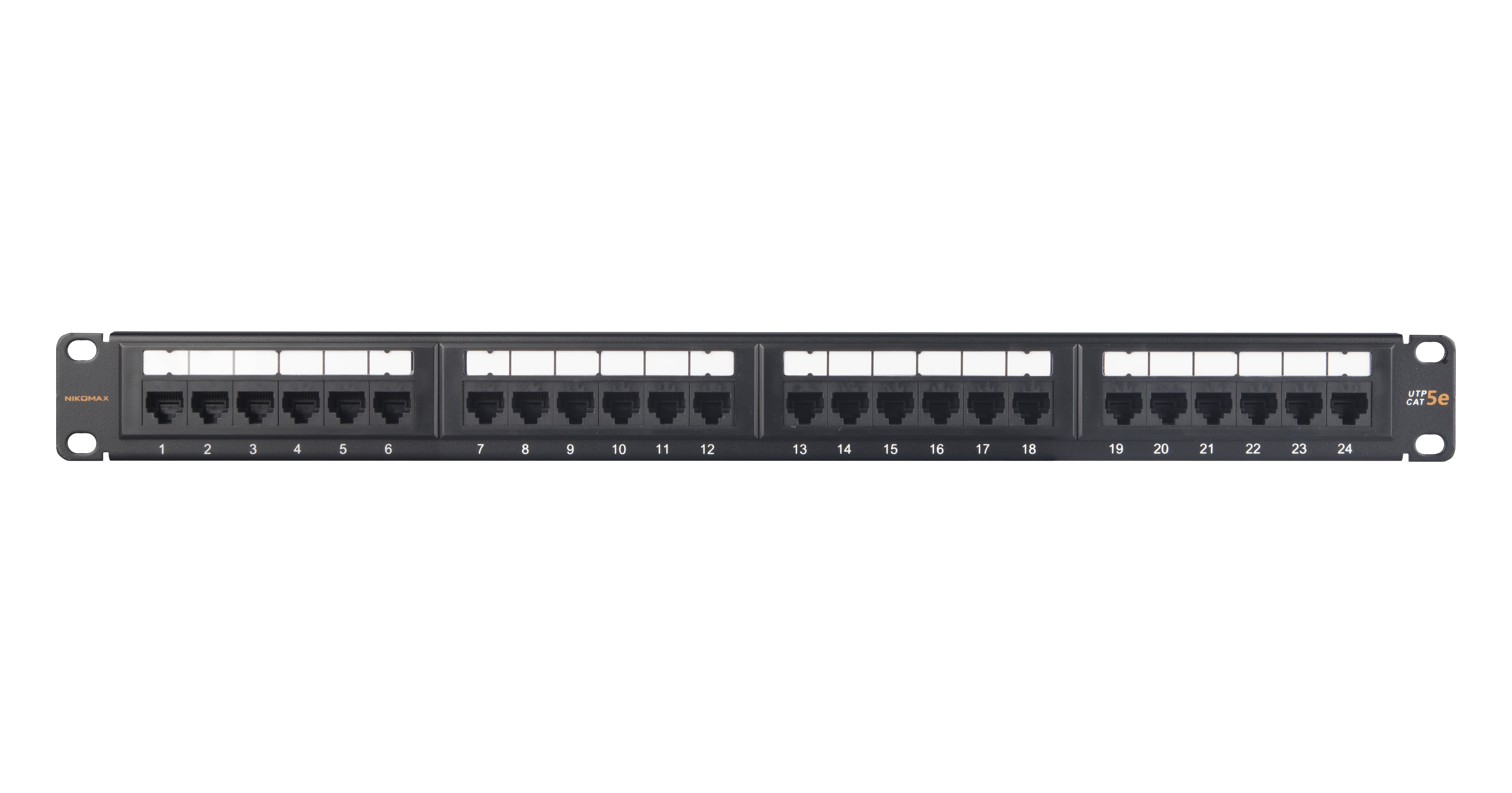 Коммутационная панель NIKOMAX Essential Line 19", 1U, 24 порта, Кат.5e (Класс D), 100МГц, RJ45/8P8C, 110/KRONE, T568A/B, неэкранированная, с органайзером, черная - гарантия: 1 год — фото