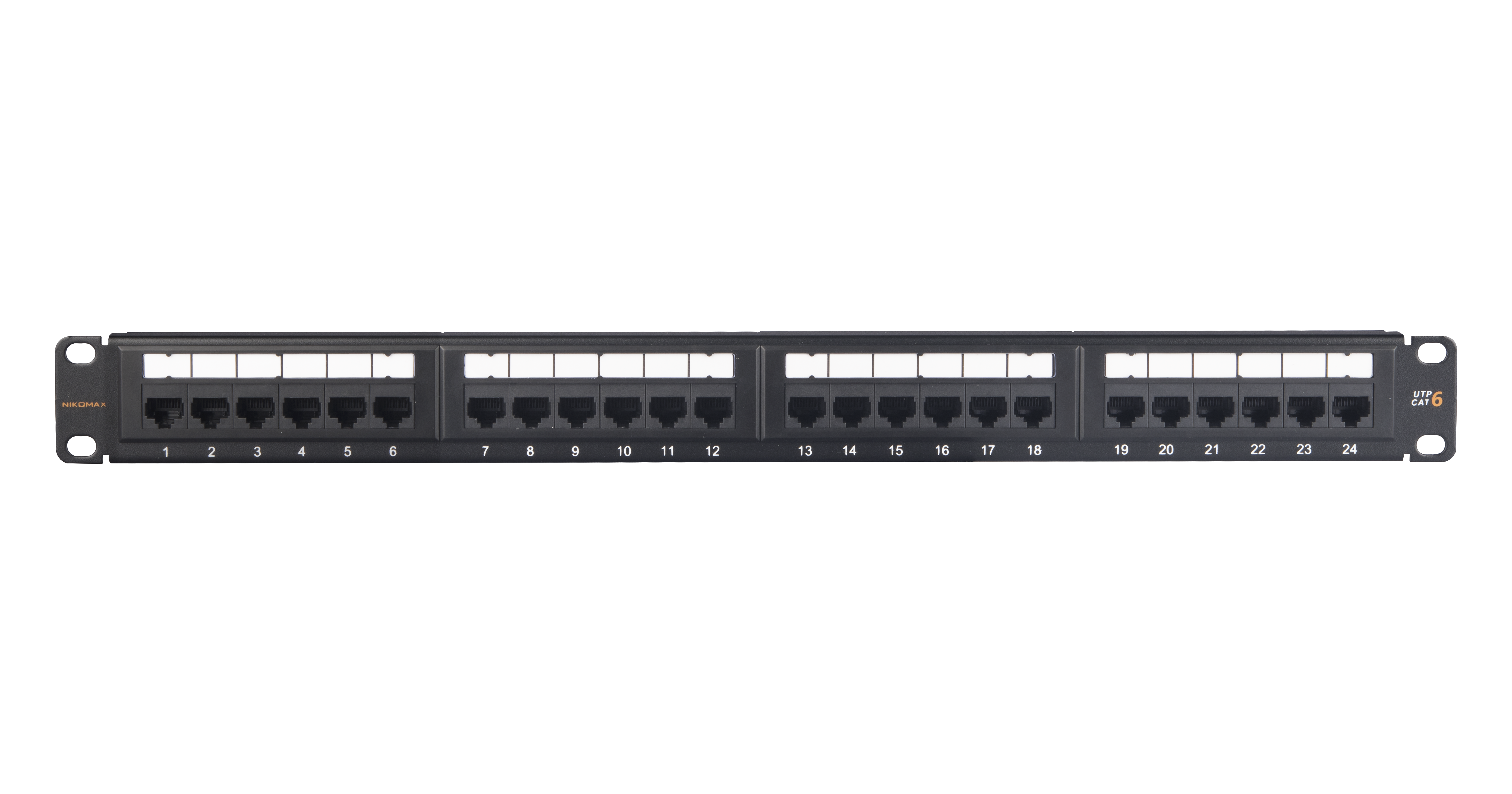 Коммутационная панель NIKOMAX Essential Line 19", 1U, 24 порта, Кат.6 (Класс E), 250МГц, RJ45/8P8C, 110/KRONE, T568A/B, неэкранированная, с органайзером, черная - гарантия: 1 год — фото