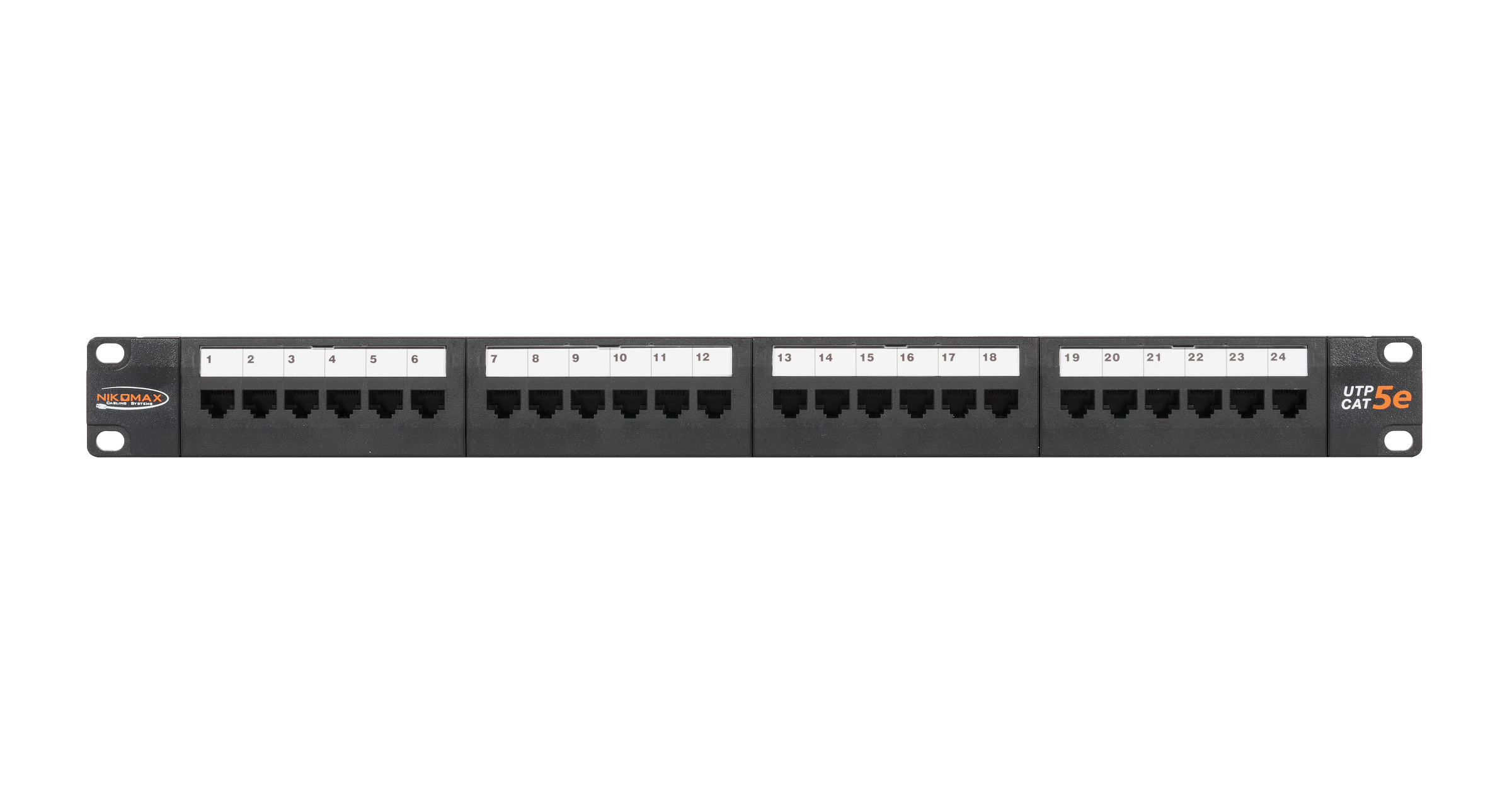 Коммутационная панель NIKOMAX 19", 1U, 24 порта, Кат.5e (Класс D), 100МГц, RJ45/8P8C, 110/KRONE, T568A/B, неэкранированная, с органайзером, черная - гарантия: 5 лет расширенная / 25 лет системная