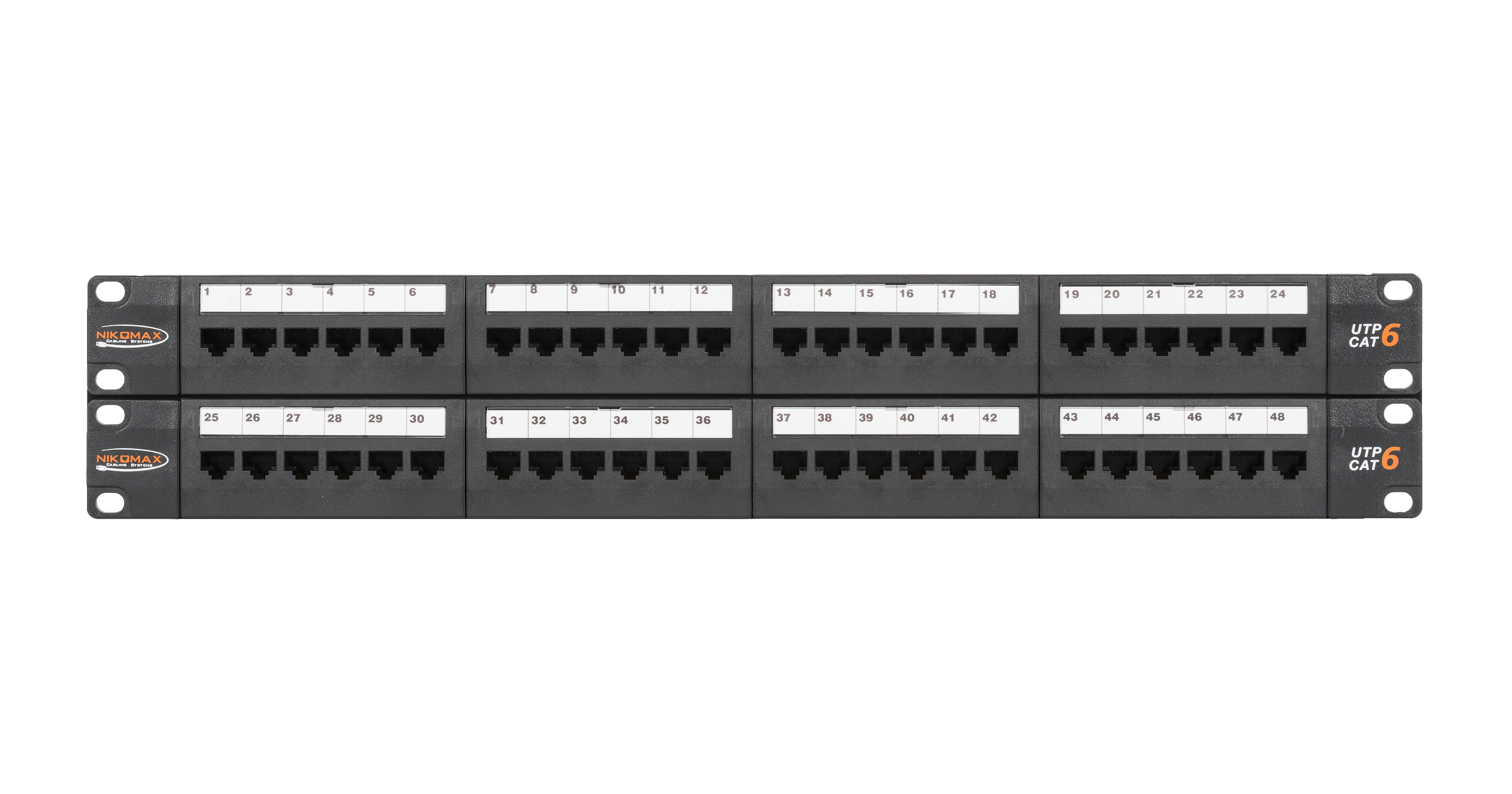 Коммутационная панель NIKOMAX 19", 2U, 48 портов, Кат.6 (Класс E), 250МГц, RJ45/8P8C, 110/KRONE, T568A/B, неэкранированная, с органайзерами, черная - гарантия: 5 лет расширенная / 25 лет системная — фото