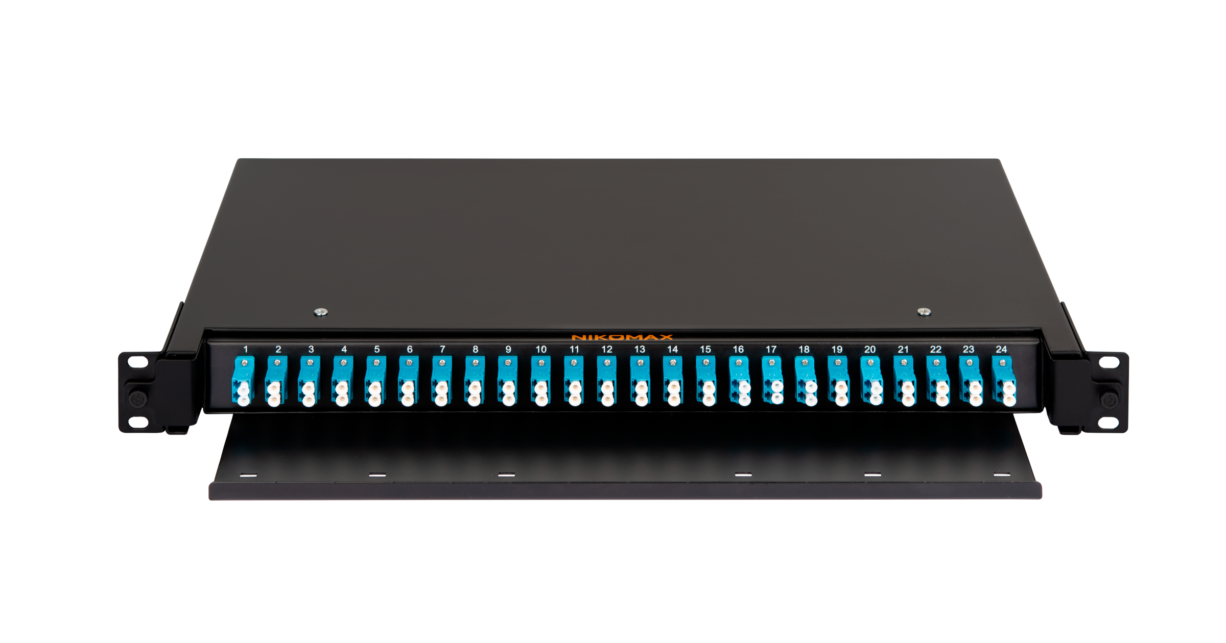 Оптический кросс NIKOMAX 19" Premium Line, 1U, укомплектованный на 48 портов LC/UPC (24 двойных LC/UPC адаптеров), SM 9/125 OS2, выдвижной, с полкой,  черный, в комплекте: адаптеры, монтажные шнуры 1м, сплайс-кассета с крышкой, гильзы — фото