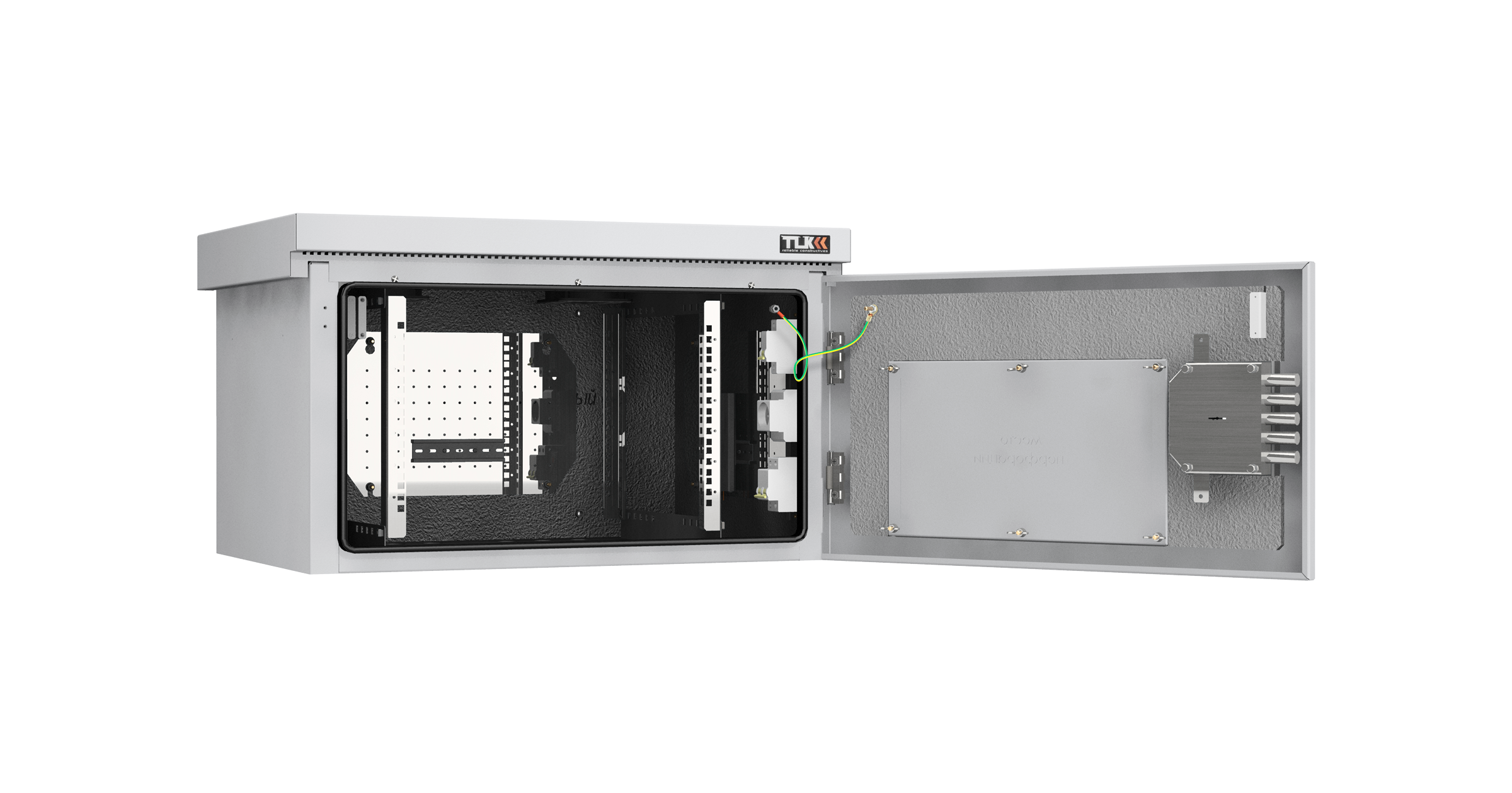 Шкаф NIKOMAX настенный климатический TWK-068256-M-GY-KIT01, Lite, IP55, Ш821хВ482хГ566 мм, цвет серый, муар, RAL 7035. Комплектация: монтажные направляющие - 2 пары, рым-болт М8 - 4 шт., сальник-ввод отверст. 36 мм - 6шт., монтажная панель - 3 шт., дин-рейка - 6 шт., розетка с заземляющим контактом на DIN-рейку 16А - 1 шт., автомат-1P 16А - 1 шт., автомат-1P 6А - 2 шт., термостат для вентиляторов -1 шт., термостат для обогревателей - 1 шт., отопитель конвекционный 150 Вт - 2 шт., шина заземления 8-12-6-КС-С - 1 шт., шина на ноль - 1 шт., вентилятор SH-05F 220В 12038А2 - 2 шт., решетка+фильтр вентилятора 120х120 мм - 2 шт., датчик открытия - 1 шт., провода заземления - 7 шт., ключи - 3шт. — фото