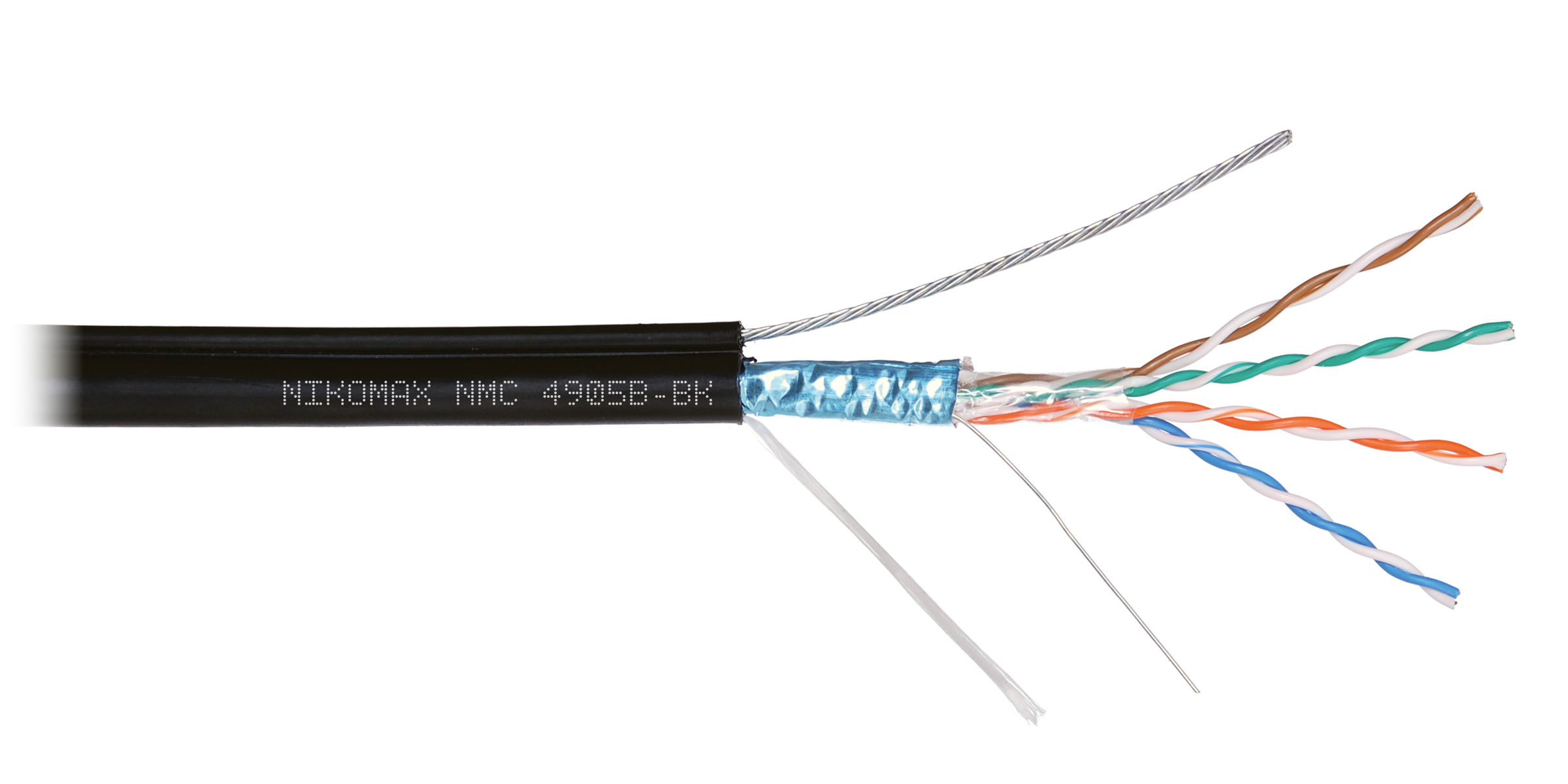 Кабель NIKOMAX F/UTP 4 пары, Кат.5e (Класс D), тест по ISO/IEC, 100МГц, одножильный, BC (чистая медь), 24AWG (0,51мм), полиэтилен, внешний, с многожильным тросом (1,25мм), черный, 500м - гарантия: 3 года