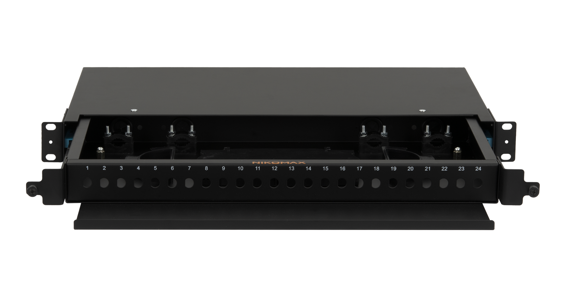 Оптический кросс NIKOMAX 19", 1U, до 24 FC/ST портов, выдвижной, со съёмной полкой,  черный, в комплекте: сплайс-кассета и КДЗС — фото