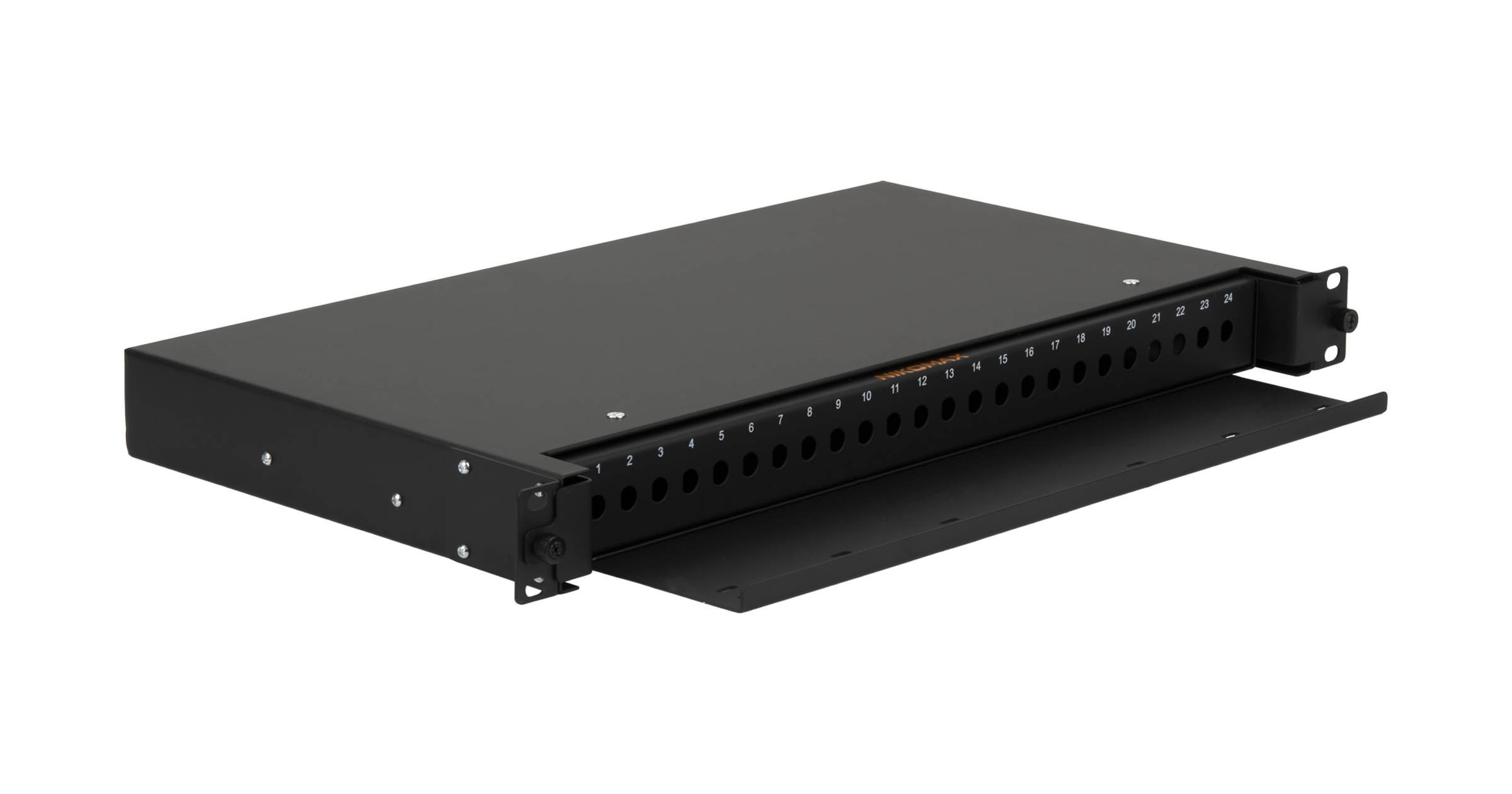 Оптический кросс NIKOMAX 19", 1U, до 24 FC/ST портов, выдвижной, со съёмной полкой,  черный, в комплекте: сплайс-кассета и КДЗС — фото