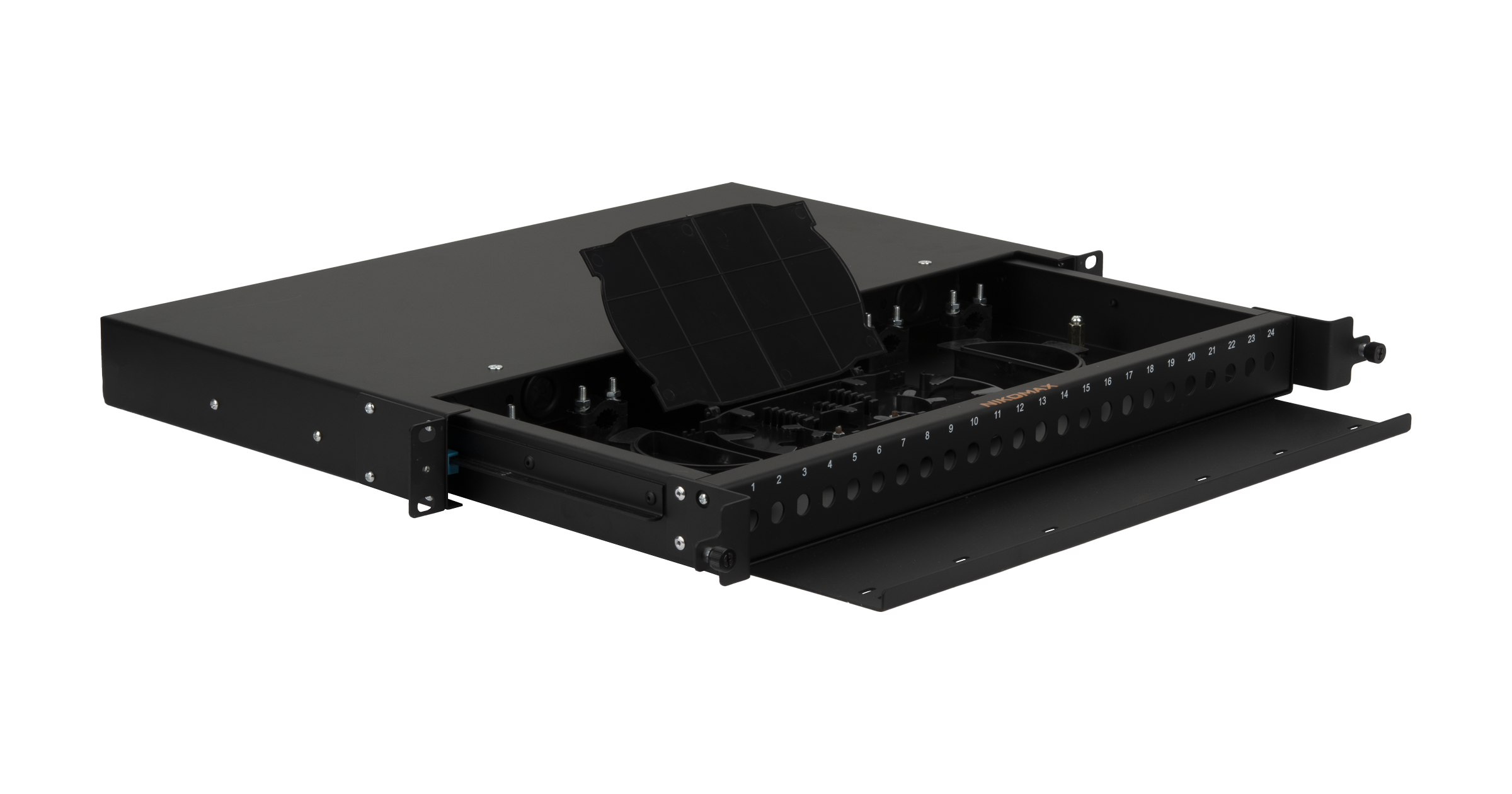 Оптический кросс NIKOMAX 19", 1U, до 24 FC/ST портов, выдвижной, со съёмной полкой,  черный, в комплекте: сплайс-кассета и КДЗС — фото