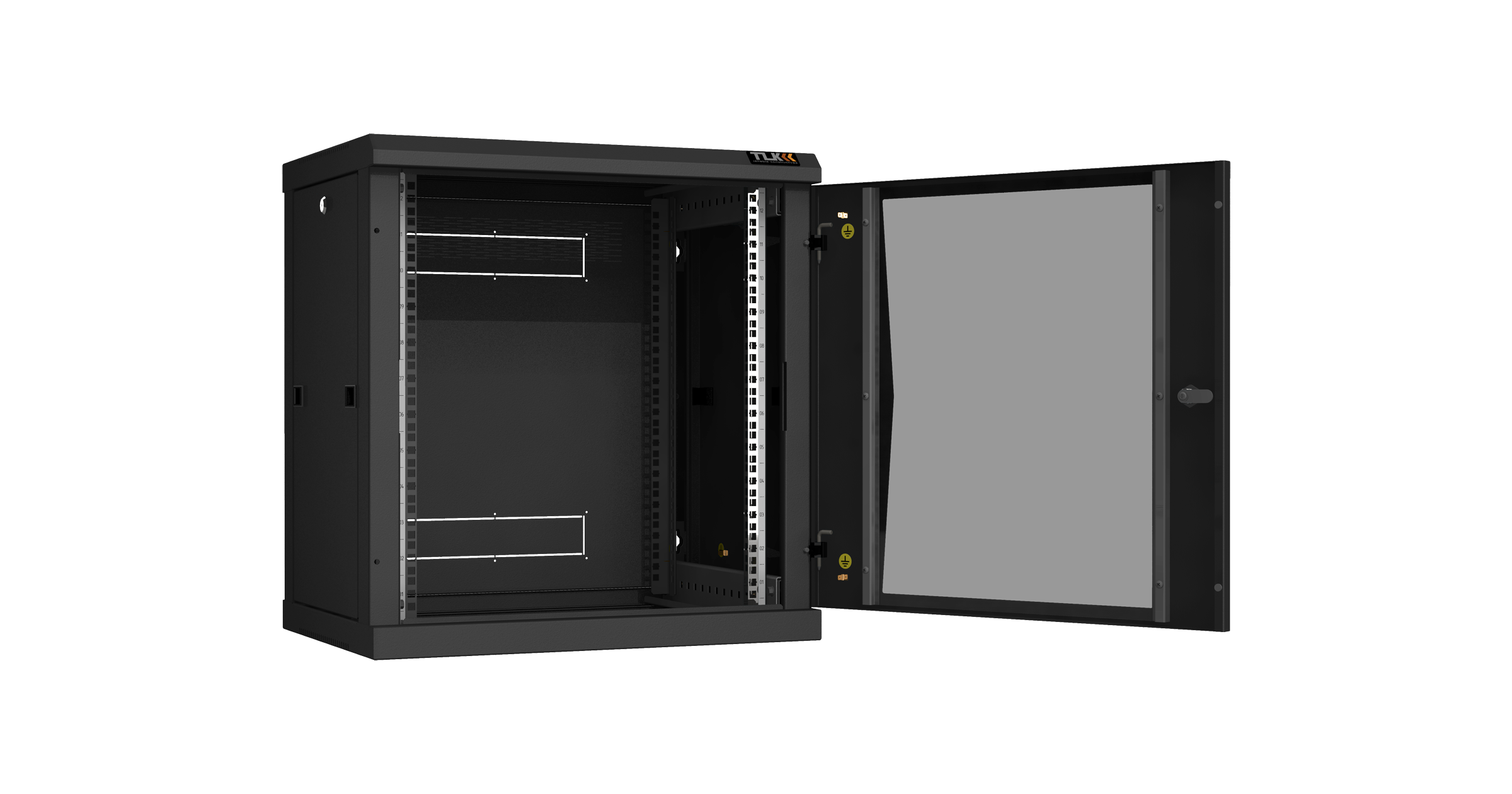 Настенный разборный шкаф NIKOMAX 19", 12U, стеклянная дверь, Ш600хВ636хГ450мм, 2 пары монтажных направляющих, черный — фото
