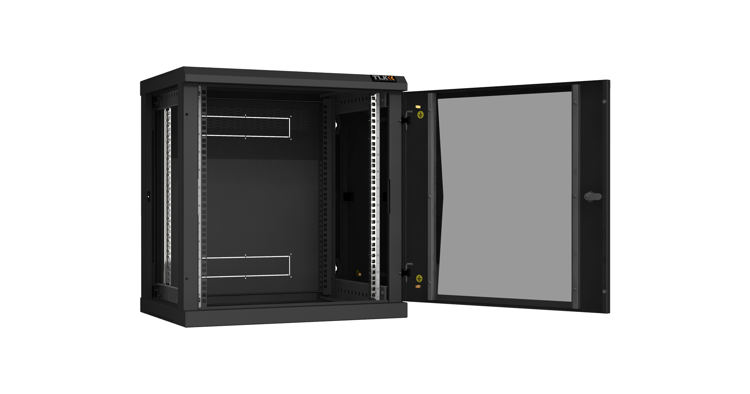Настенный разборный шкаф NIKOMAX 19", 12U, стеклянная дверь, Ш600хВ636хГ450мм, 2 пары монтажных направляющих, черный — фото