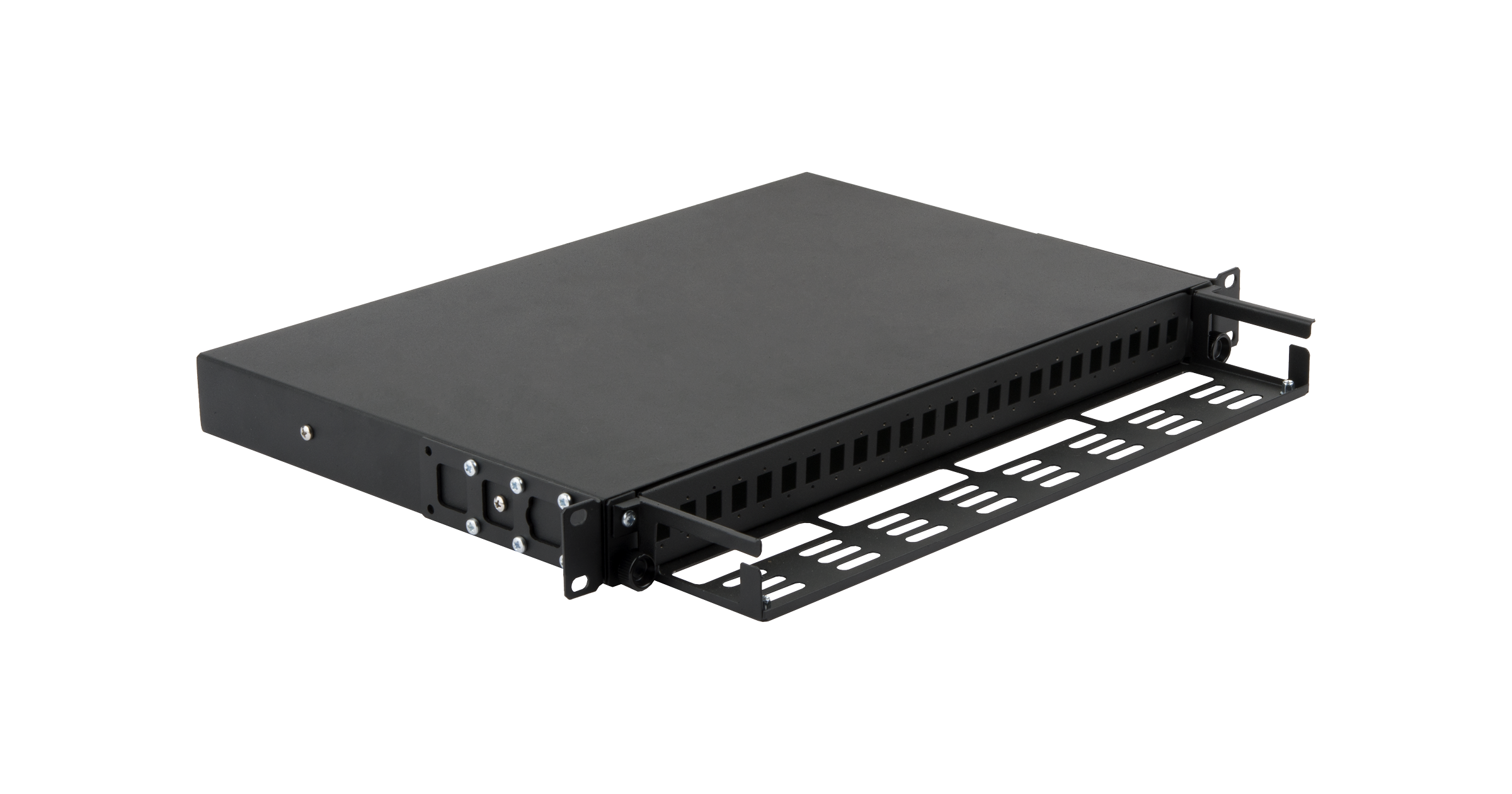 Оптический кросс NIKOMAX 19" Premium Line, 1U, до 24 SC портов или 48 LC портов, выдвижной, со съёмной полкой, черный — фото