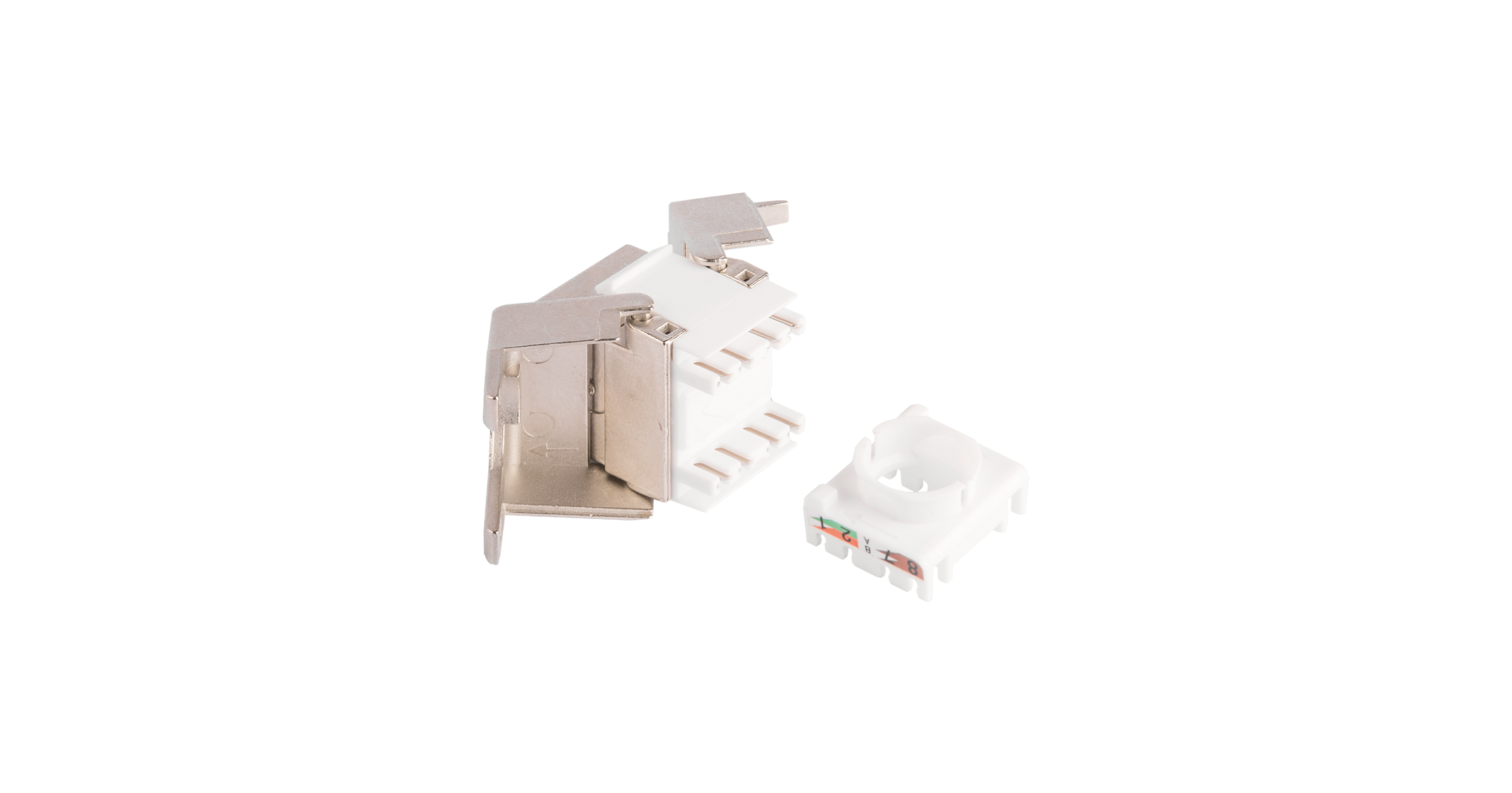 Модуль-вставка NIKOMAX типа Keystone Essential Line, Кат.6 (Класс E), 250МГц, RJ45/8P8C, самозажимной, T568A/B, 180 градусов, полный экран, металлик — фото