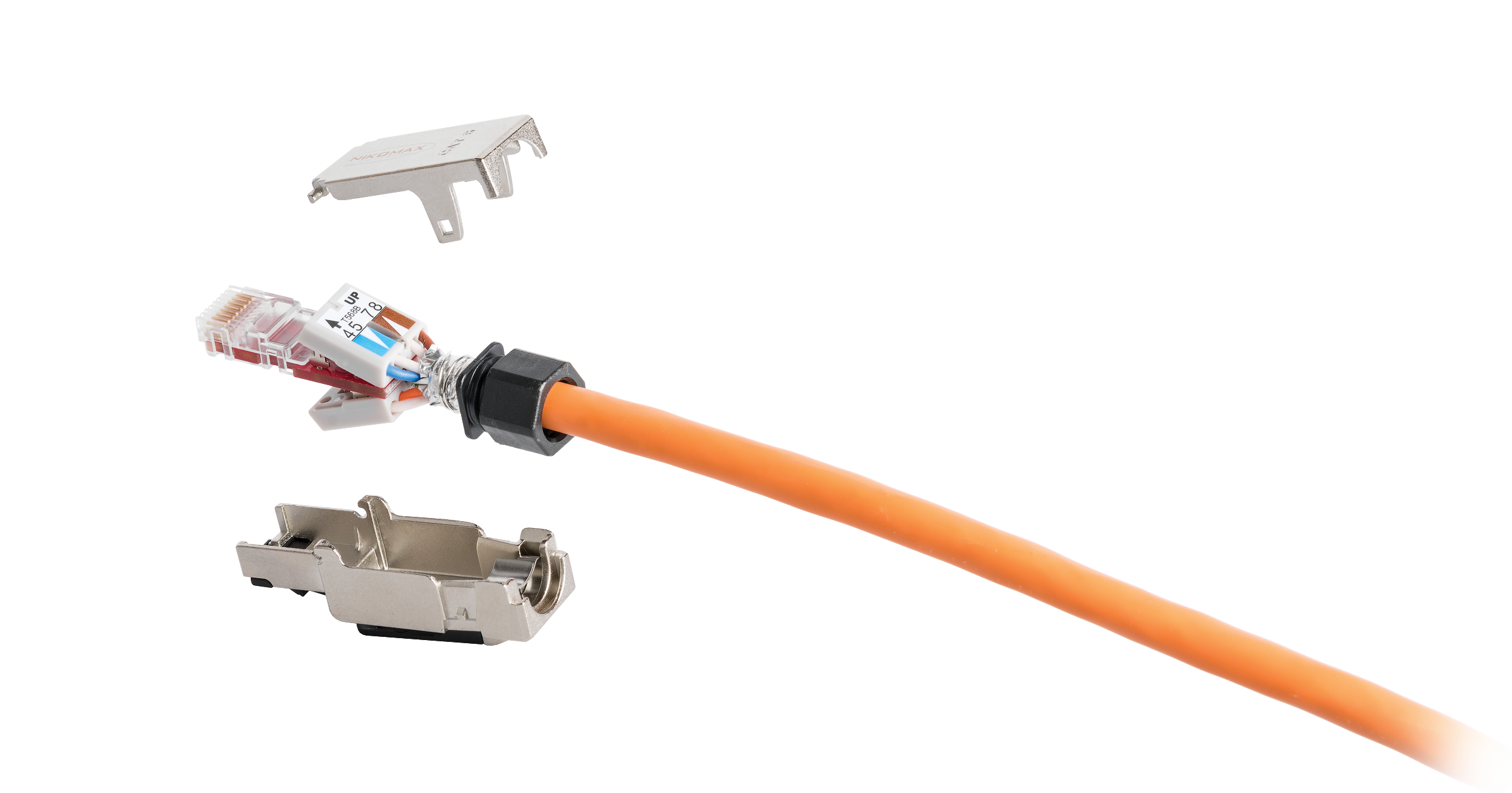 Коннектор NIKOMAX RJ45/8P8C под витую пару, Кат.6a (Класс Ea), 500МГц, покрытие 50мкд, универсальные ножи, T568B, самозажимной, полный экран, металлик — фото