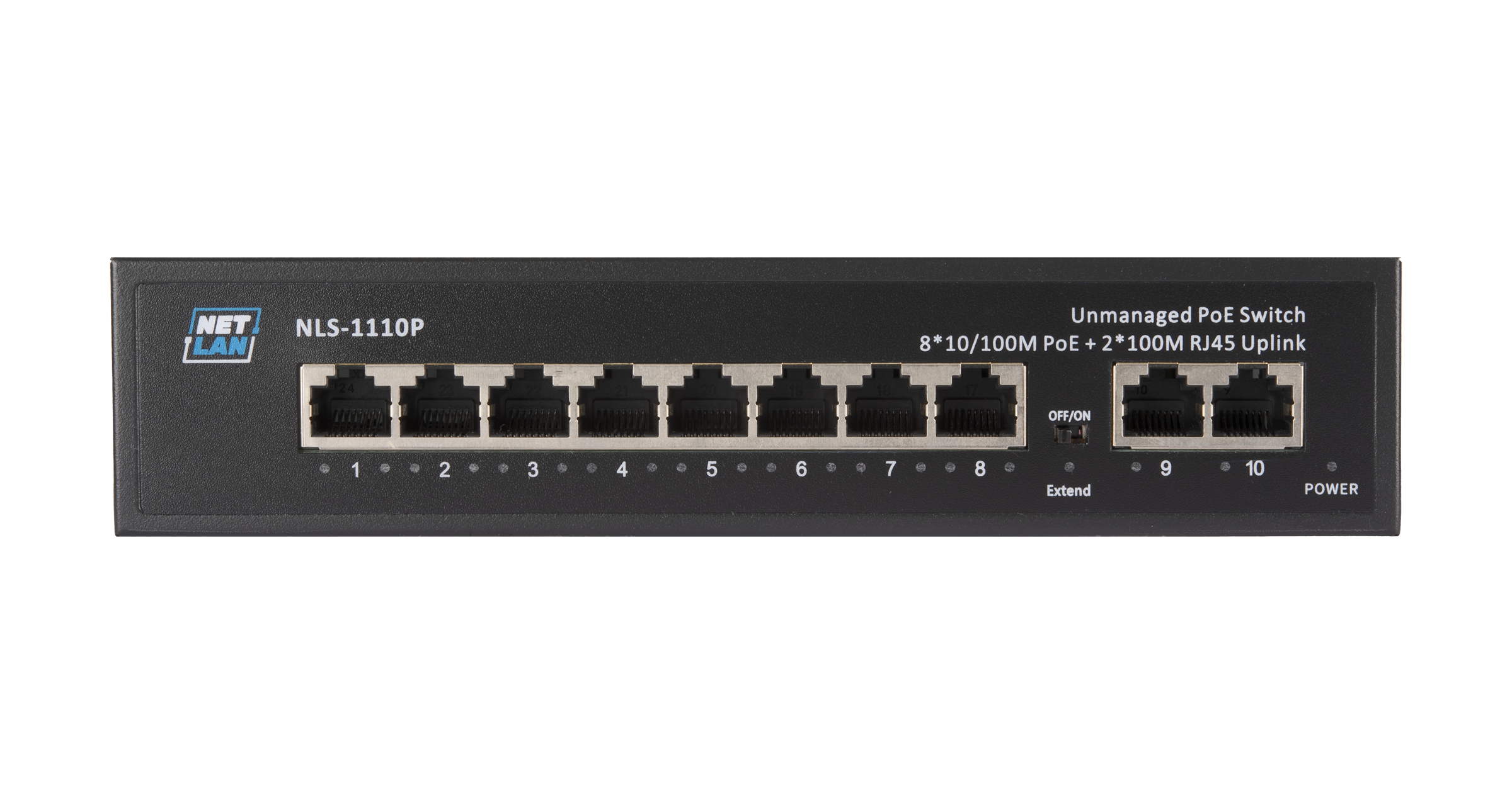 Коммутатор NETLAN, неуправляемый, 8*10/100Мбит/с PoE (af/at), 2*100Мбит/с RJ45, DC 52V/2.3A, PoE бюджет 120W — фото
