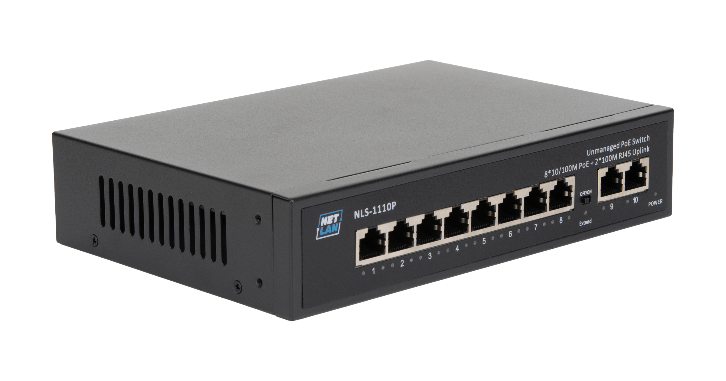 Коммутатор NETLAN, неуправляемый, 8*10/100Мбит/с PoE (af/at), 2*100Мбит/с RJ45, DC 52V/2.3A, PoE бюджет 120W — фото